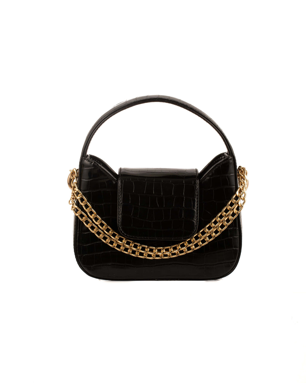 حقيبة كتف من جلد التمساح الأسود مع سلسلة ذهبية