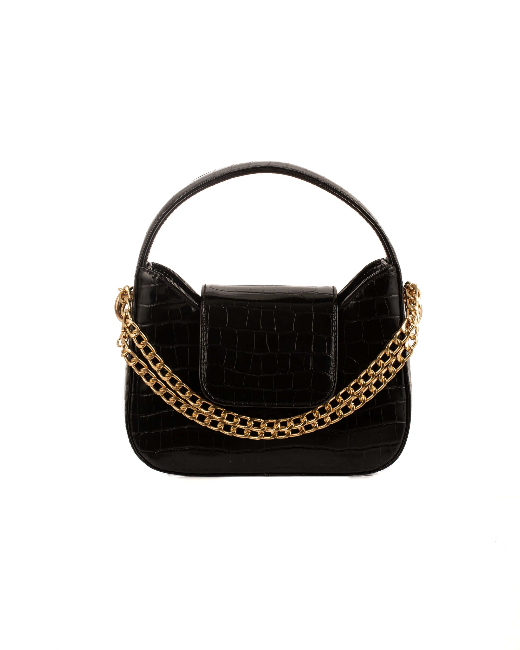 حقيبة كتف من جلد التمساح الأسود مع سلسلة ذهبية