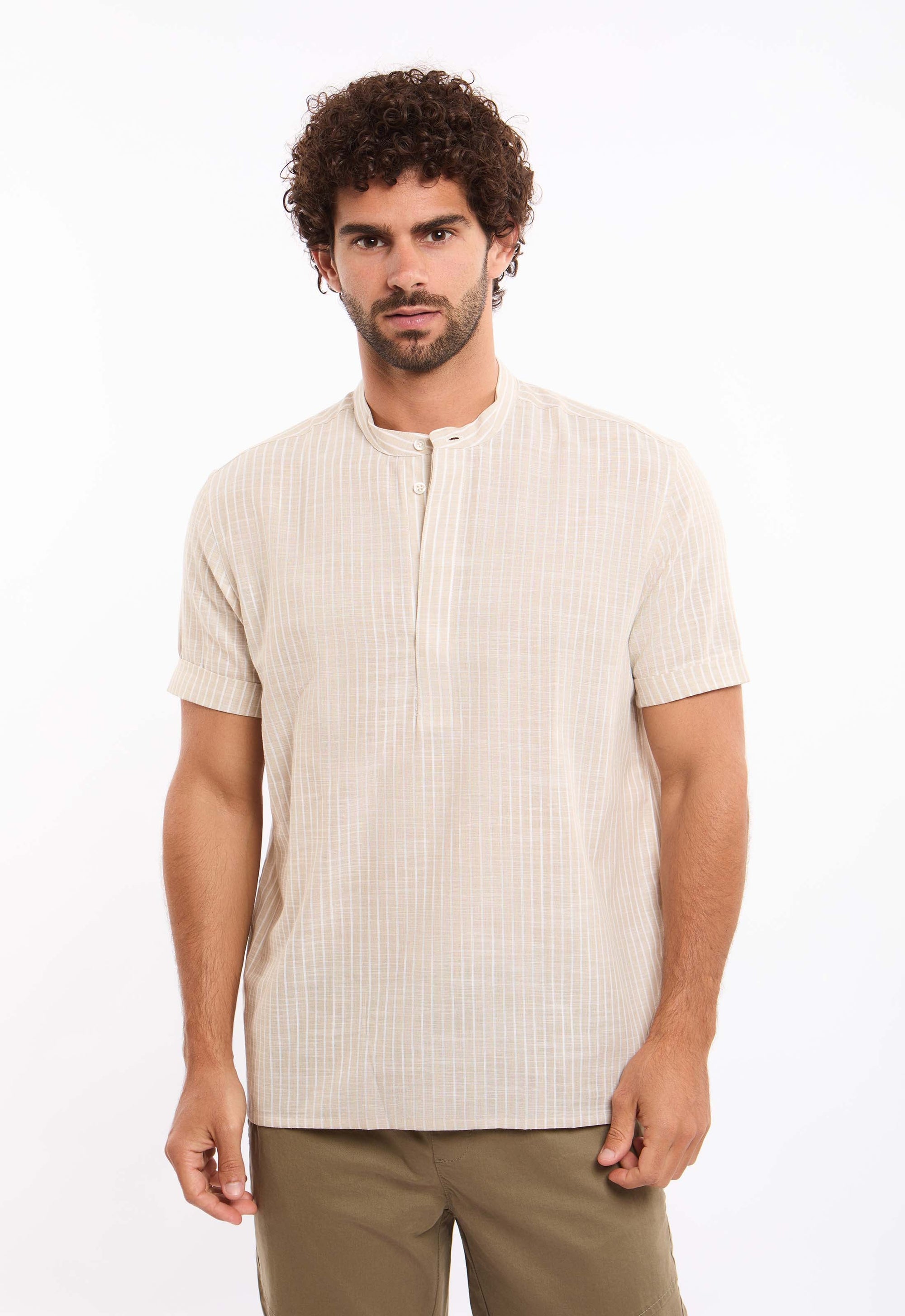 Short Sleeves Striped Shirt with Mandarin Collar