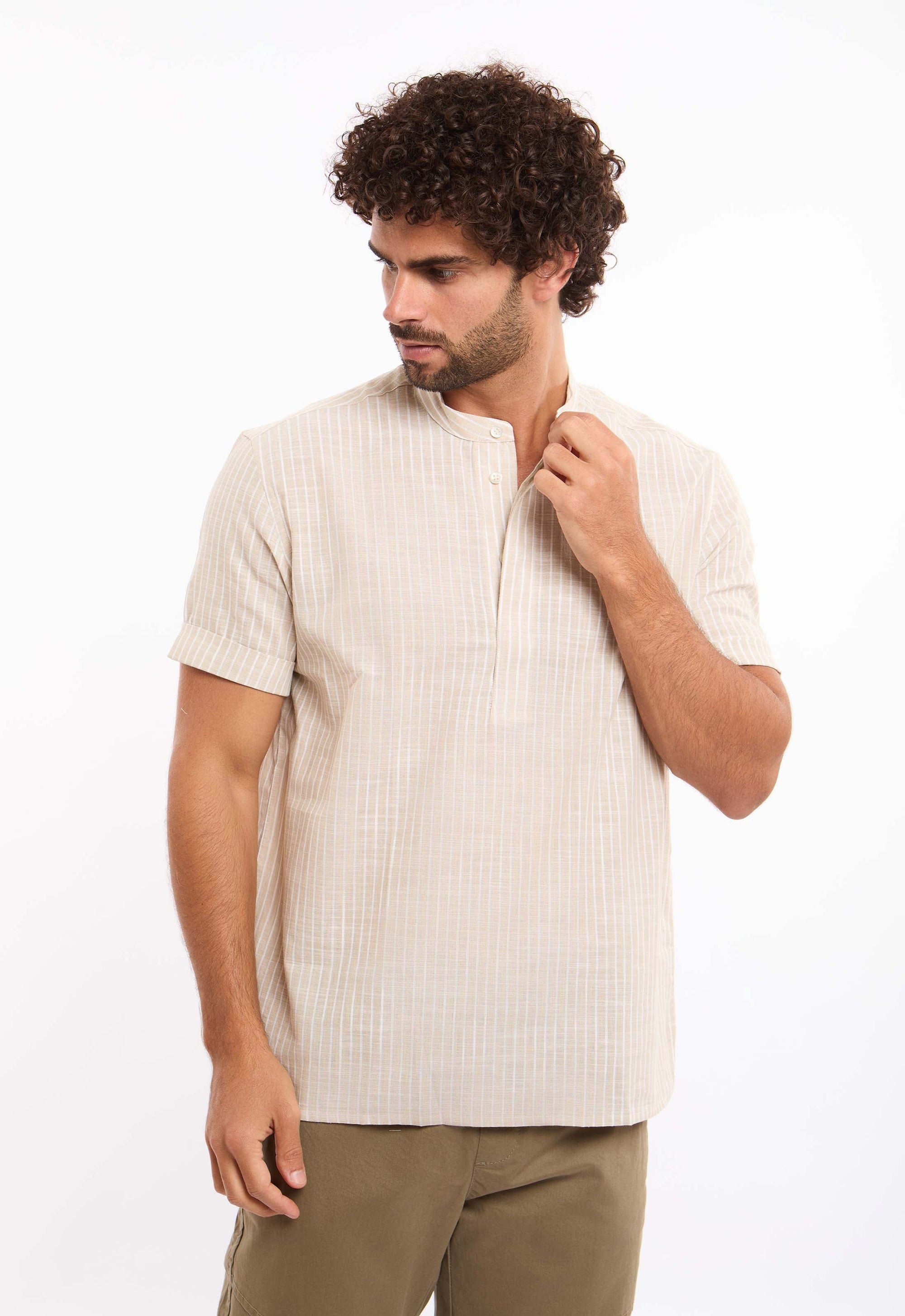 Short Sleeves Striped Shirt with Mandarin Collar