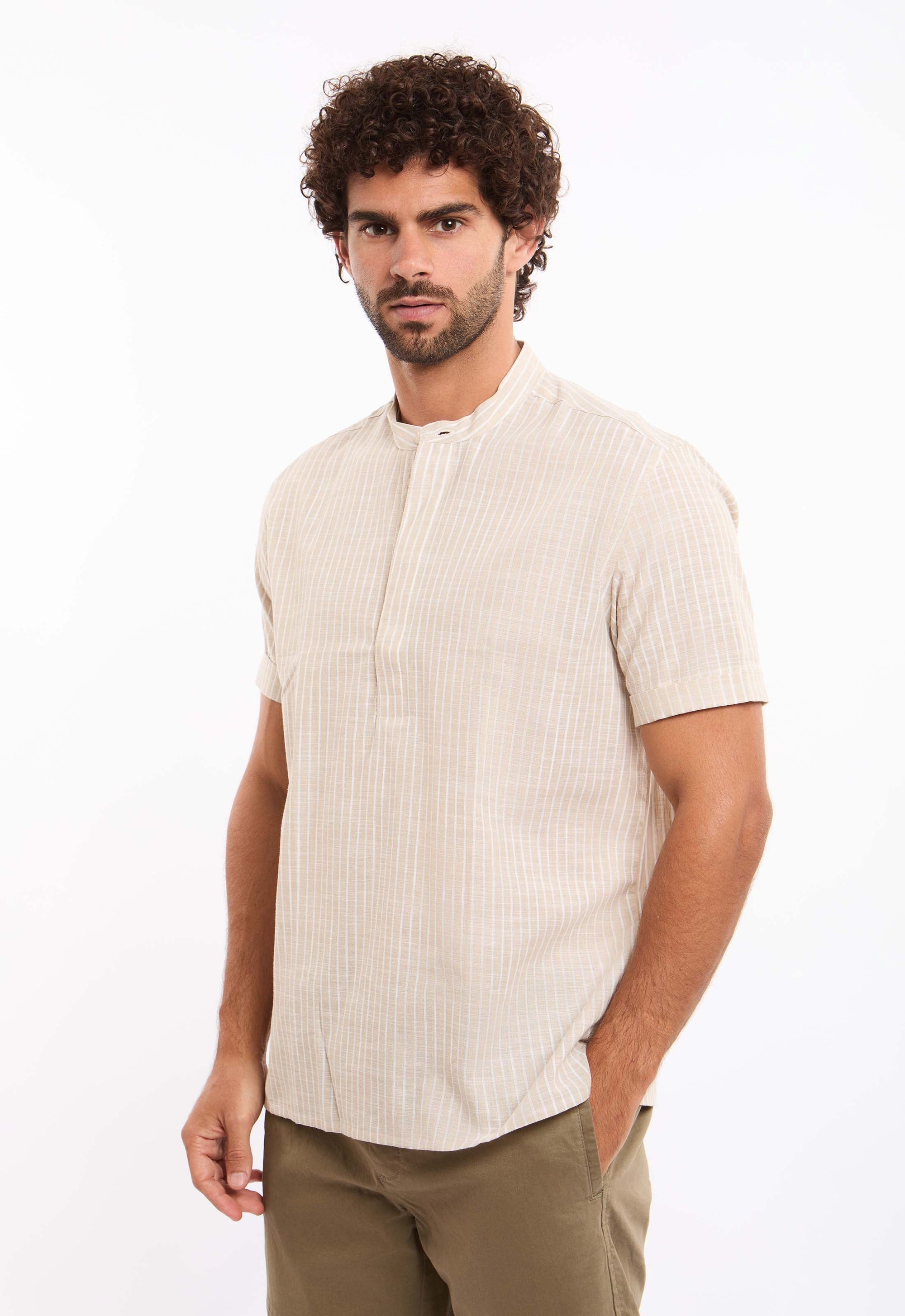 Short Sleeves Striped Shirt with Mandarin Collar