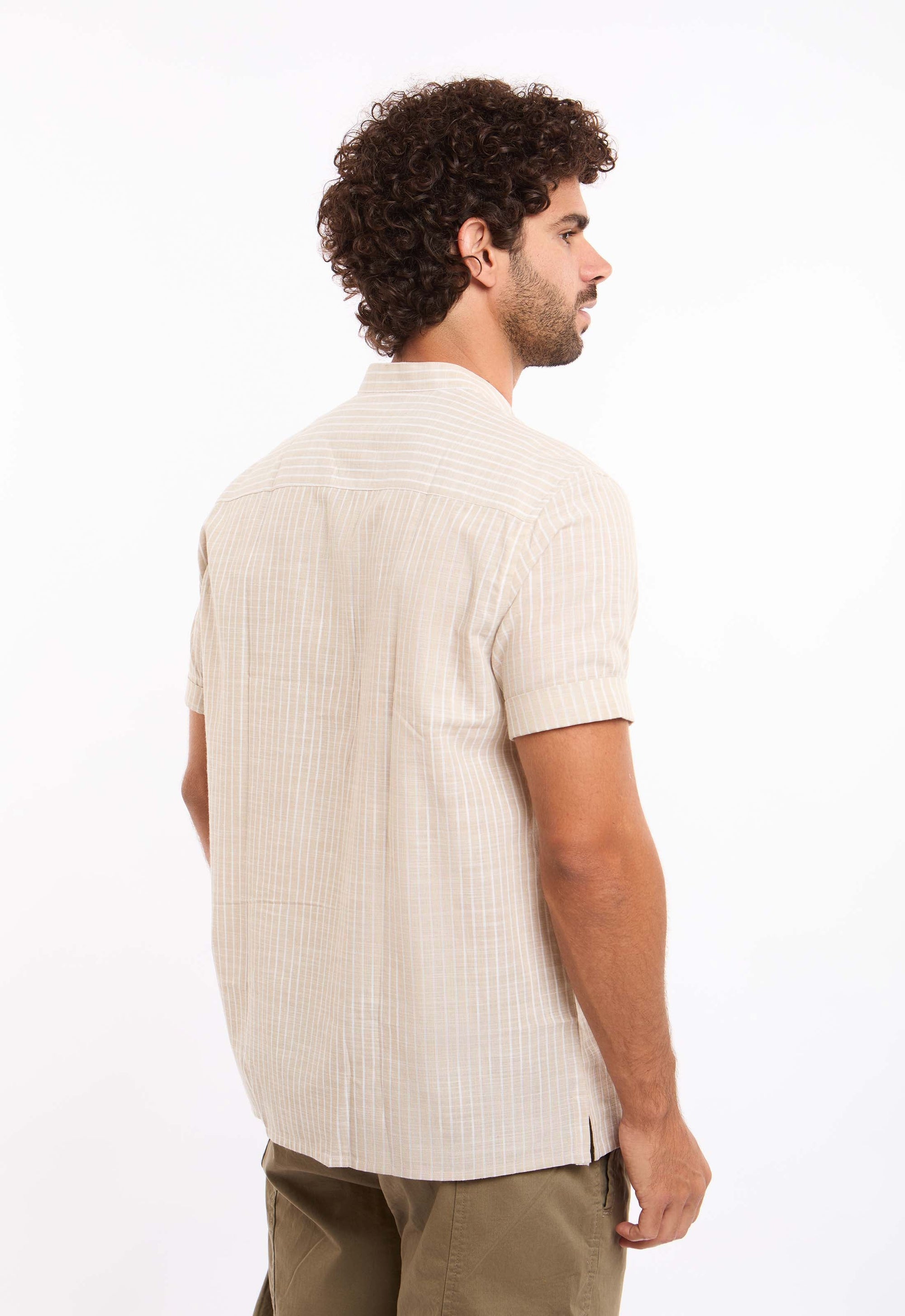 Short Sleeves Striped Shirt with Mandarin Collar