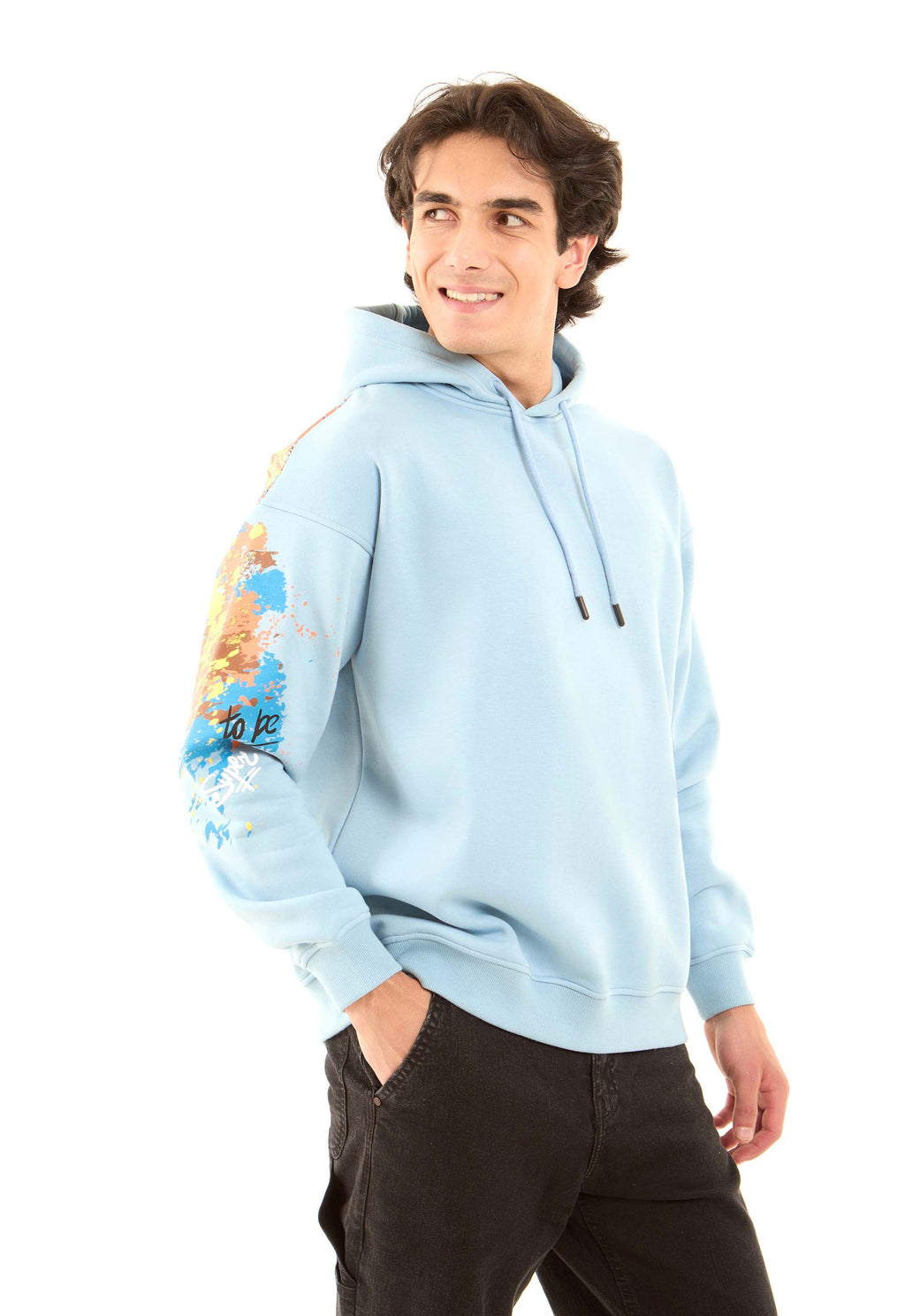 Casual Slip On Hoodie with Printed Sleeve