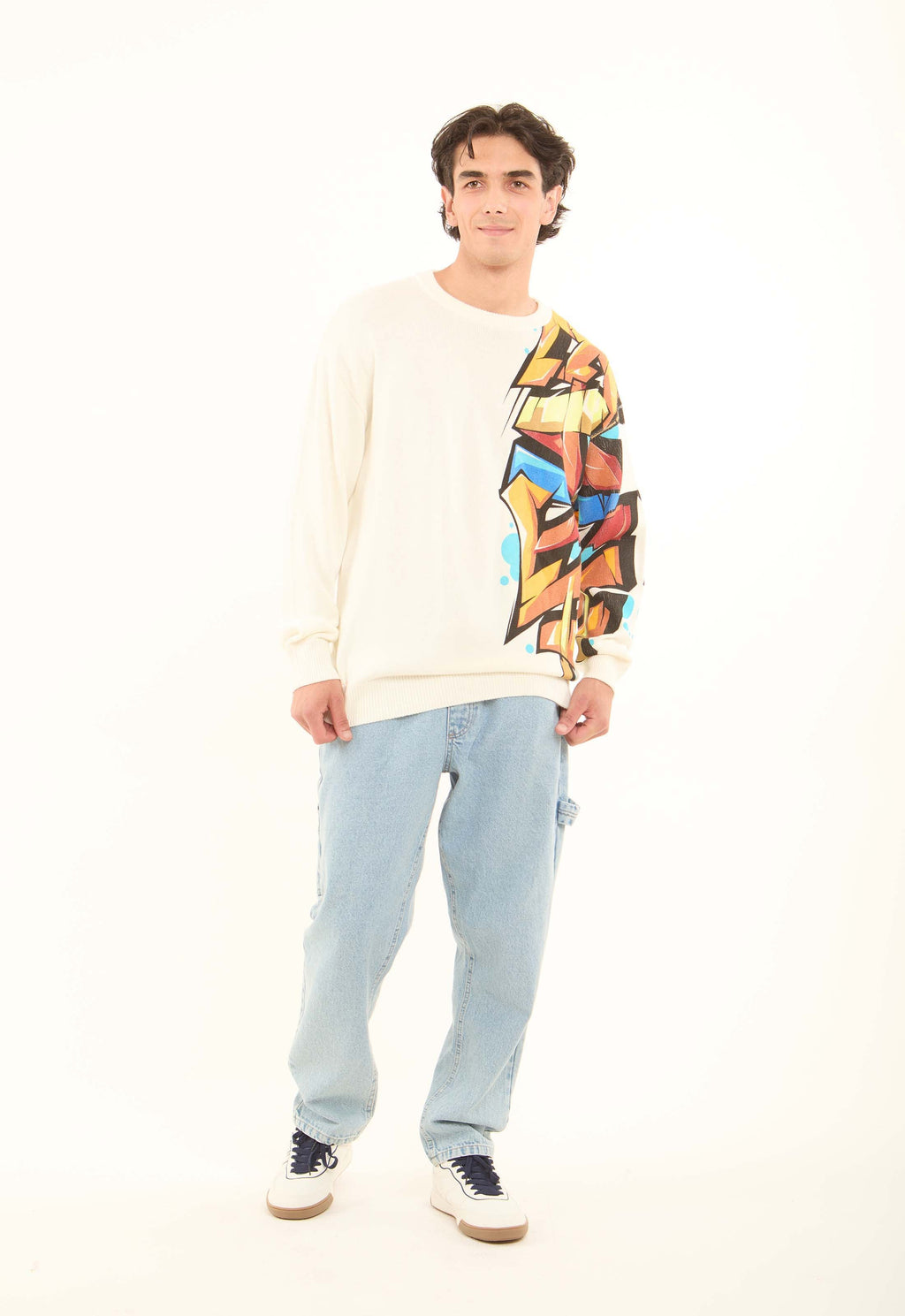 Colorful Printed Sleeve Knitted Pullover