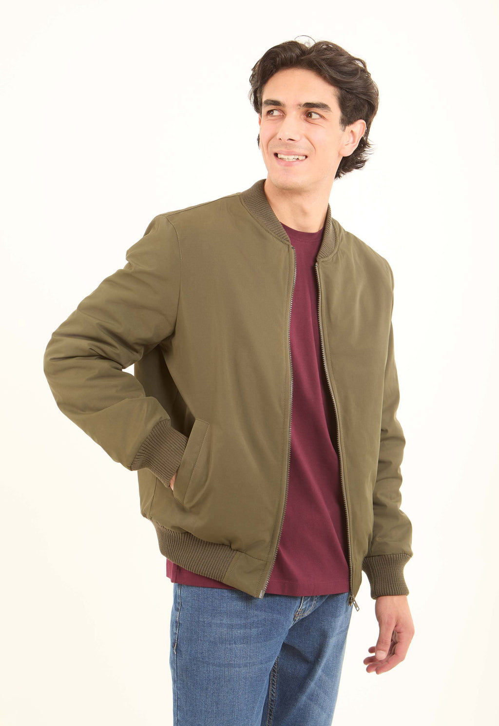 Bomber Jacket with Ribbed Trim