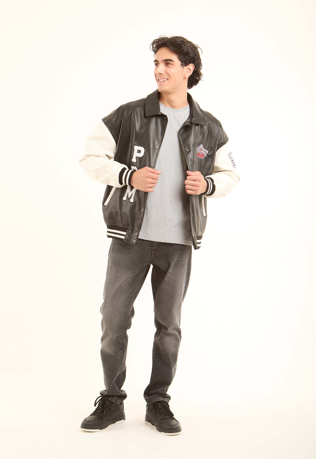 Varsity PU Jacket with Contrast Sleeves