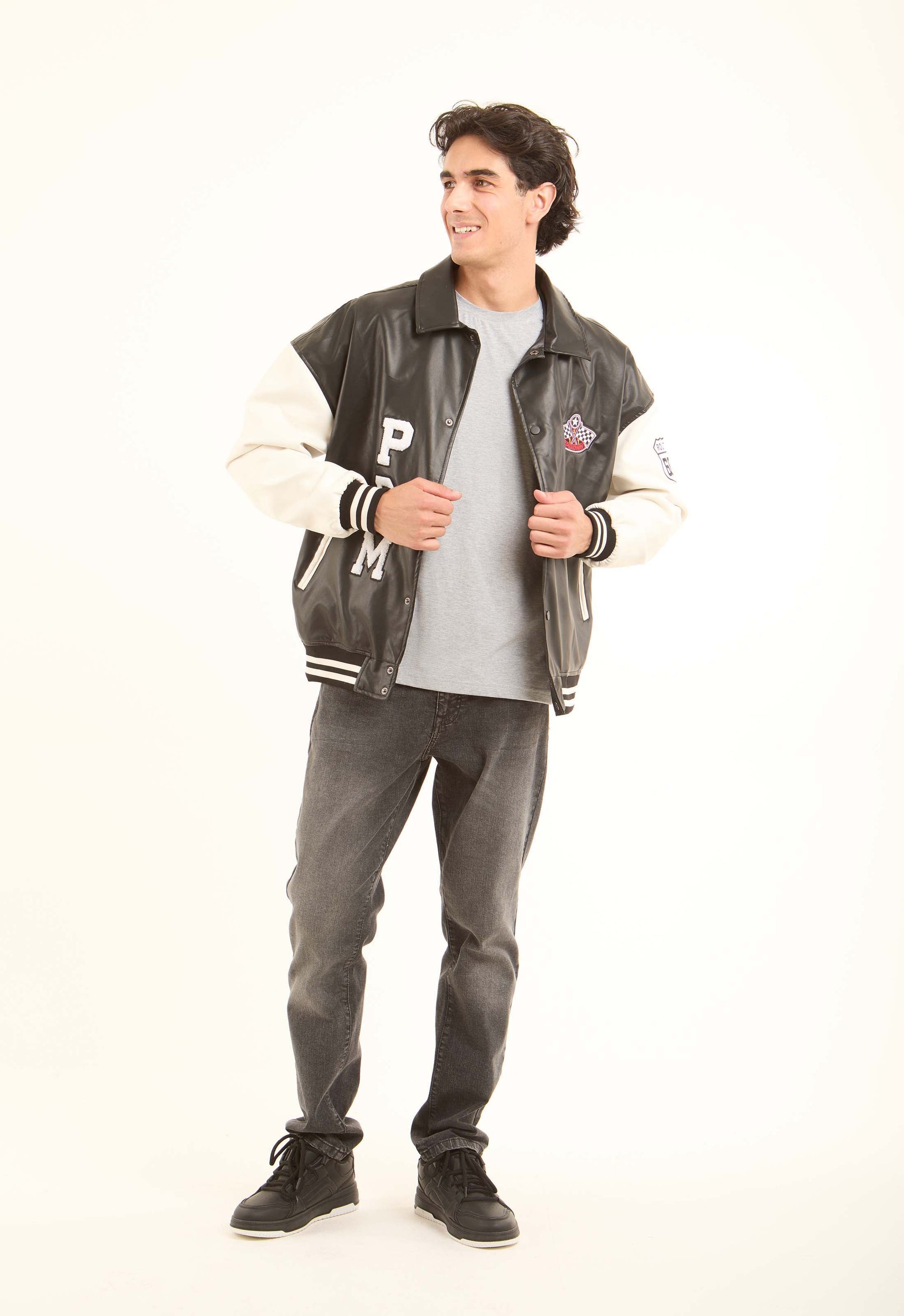 Varsity PU Jacket with Contrast Sleeves