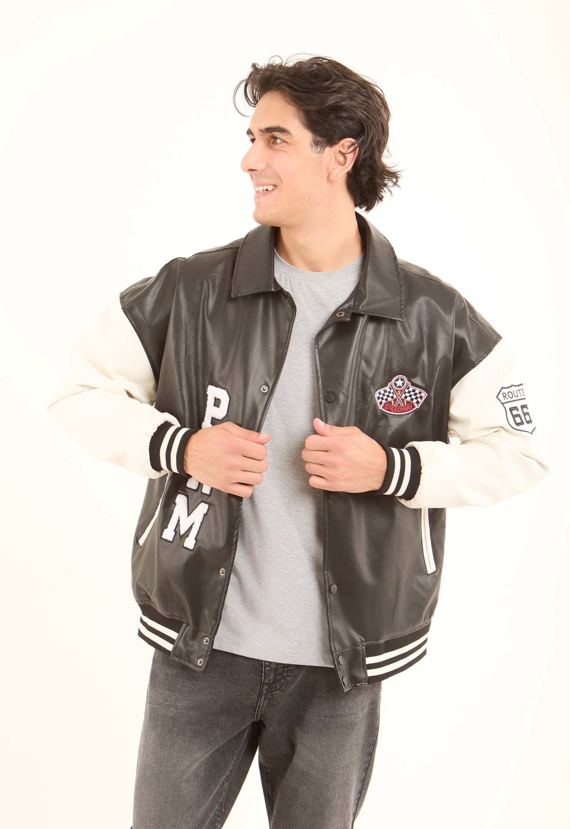 Varsity PU Jacket with Contrast Sleeves