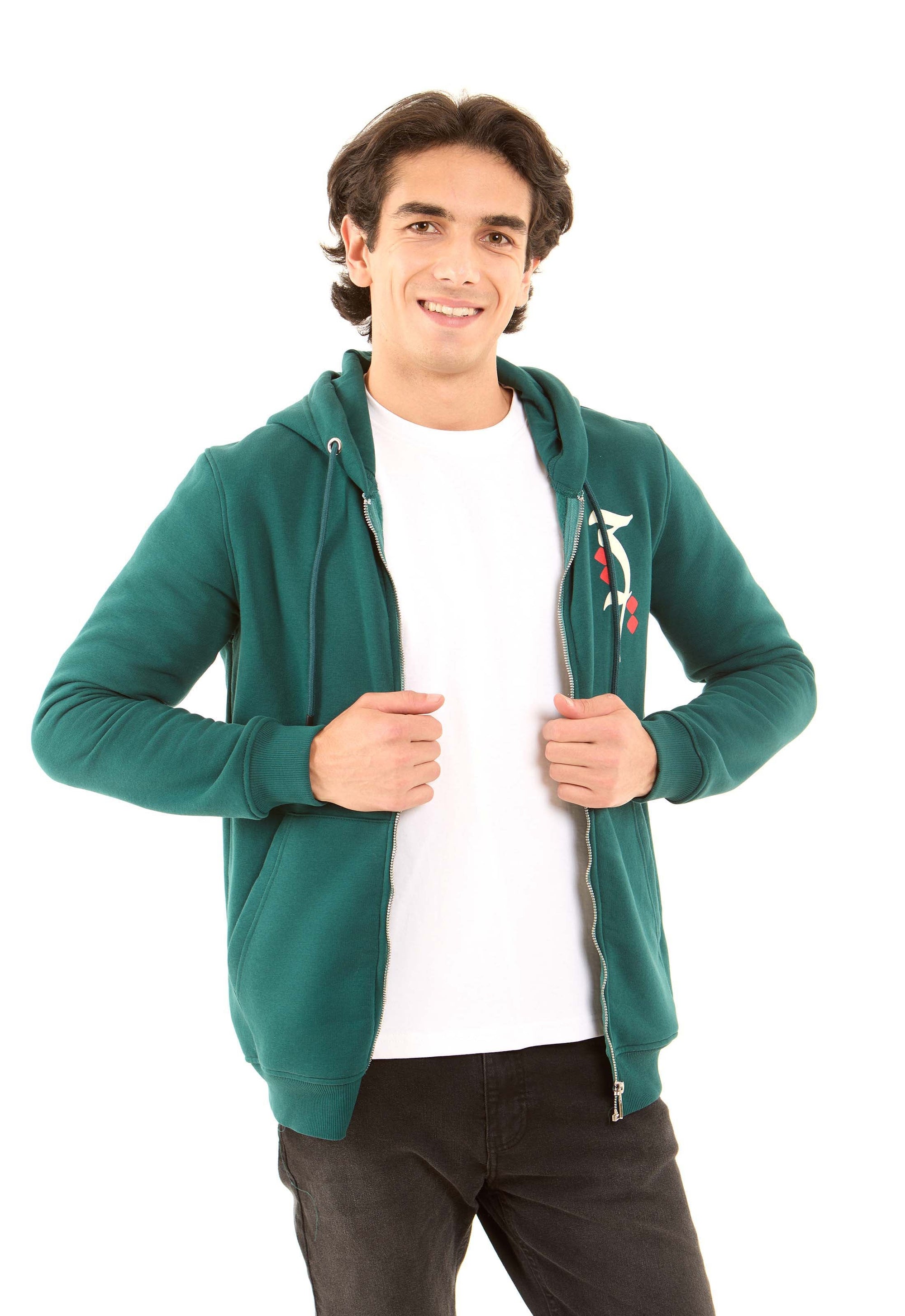 Zipped Printed Hoodie with Front Pockets