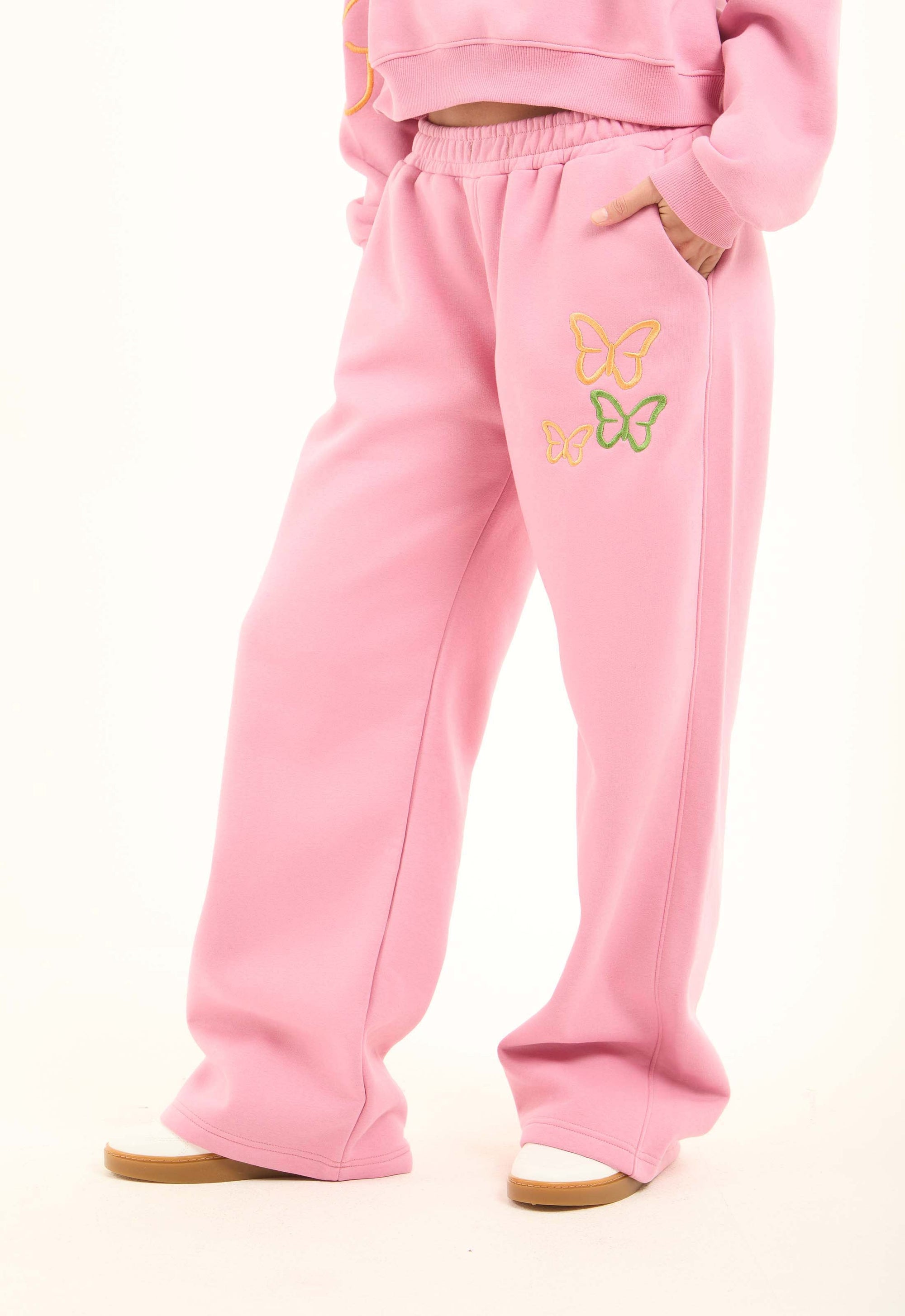 Relaxed Wide-Leg Pants with Embroidered Butterflies