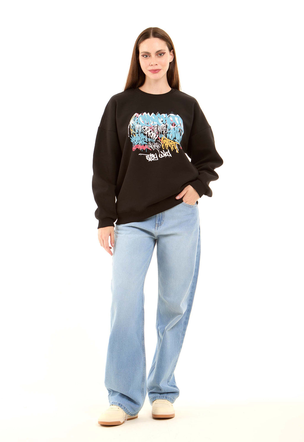 Printed Crew Neck Sweatshirt with Hem