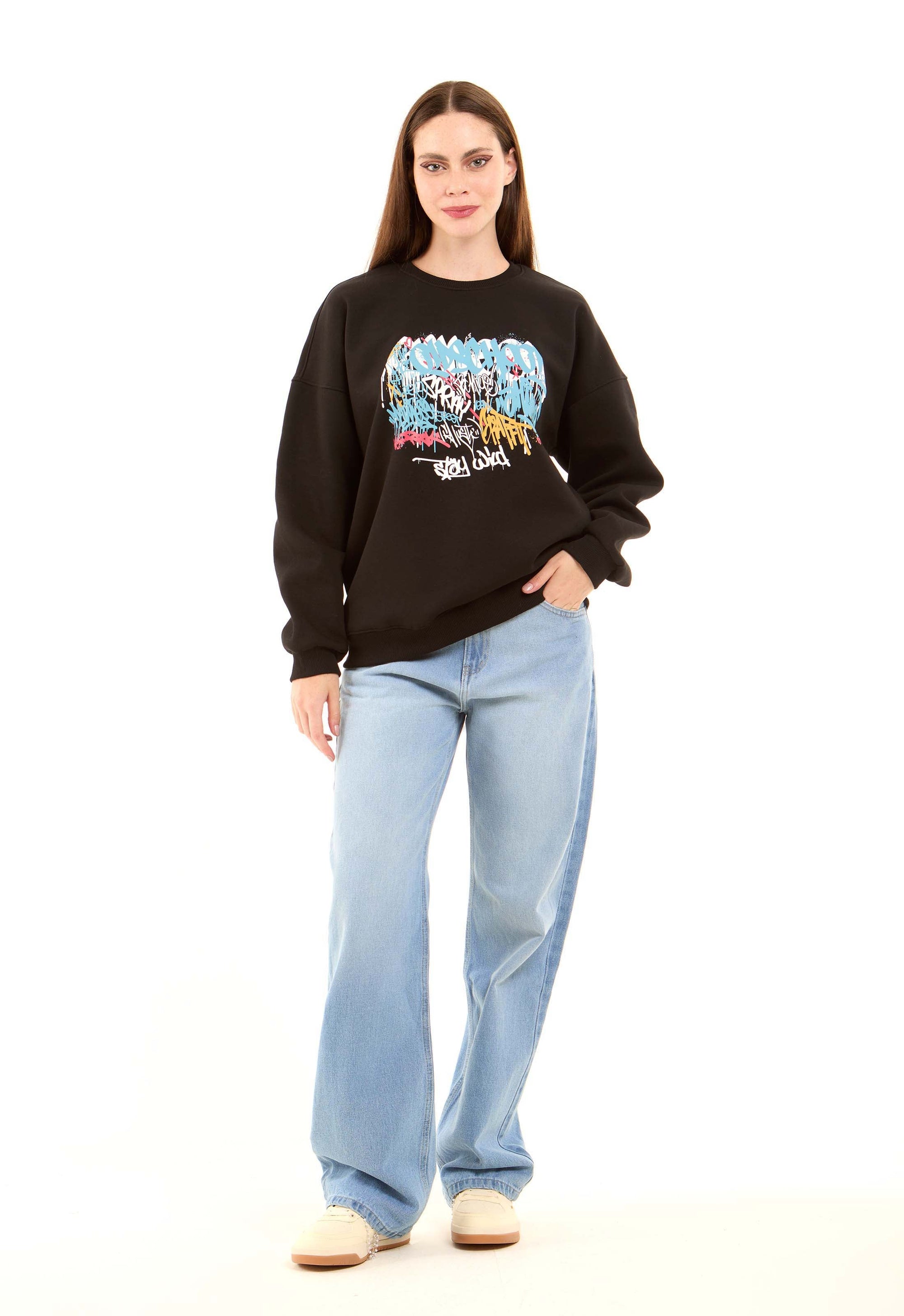 Printed Crew Neck Sweatshirt with Hem
