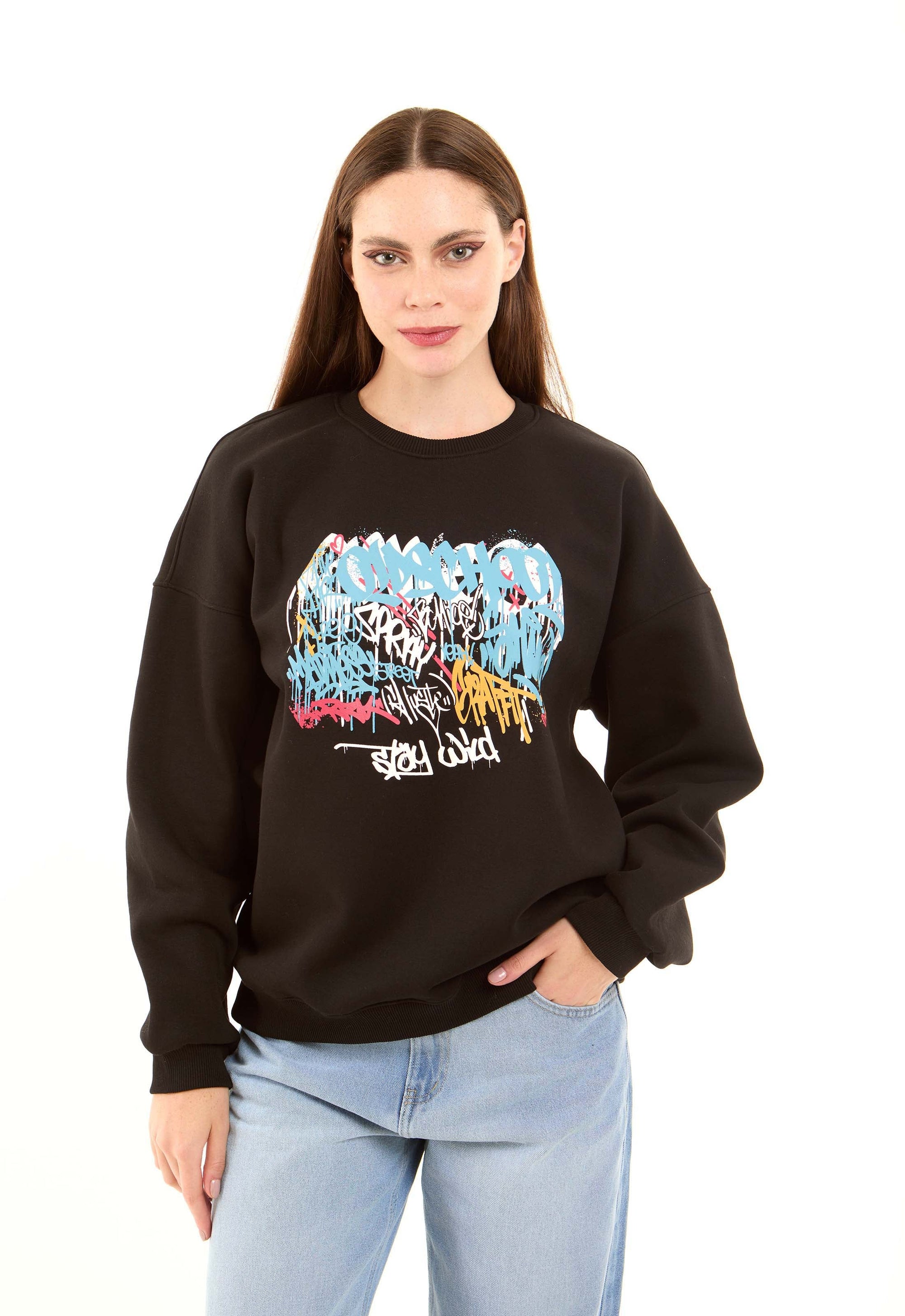 Printed Crew Neck Sweatshirt with Hem