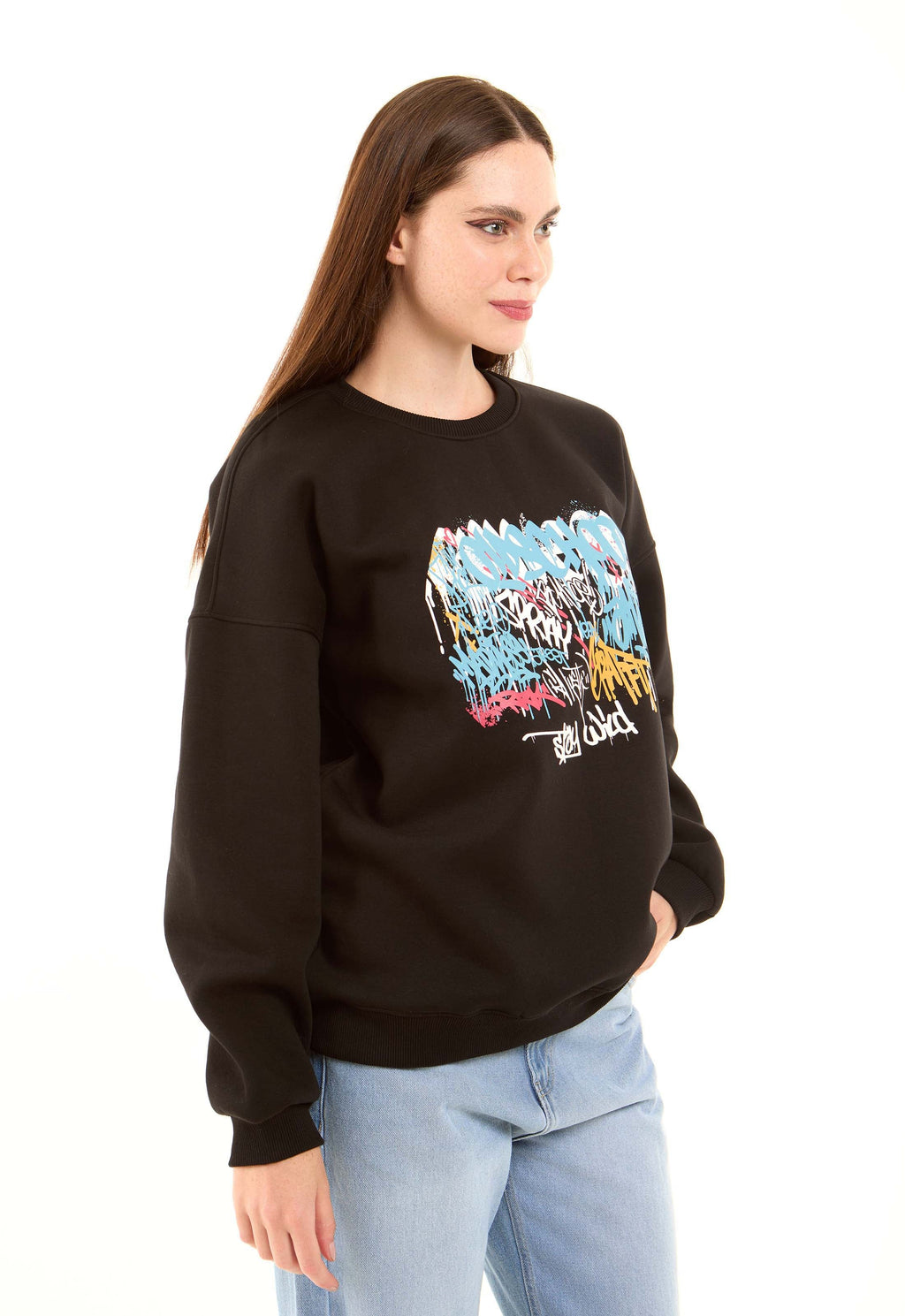 Printed Crew Neck Sweatshirt with Hem