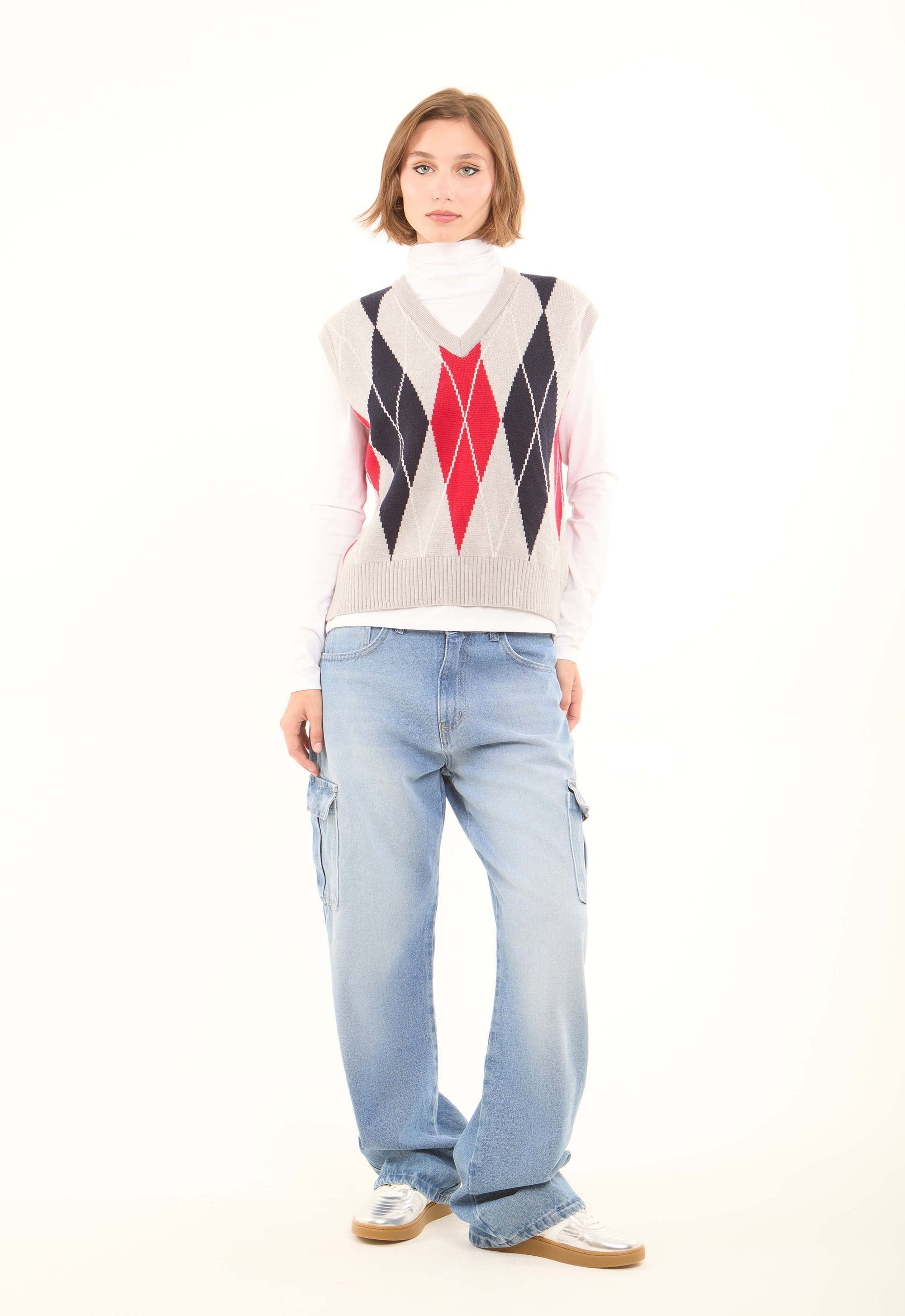 Slip On Argyle Winter Vest with Hem