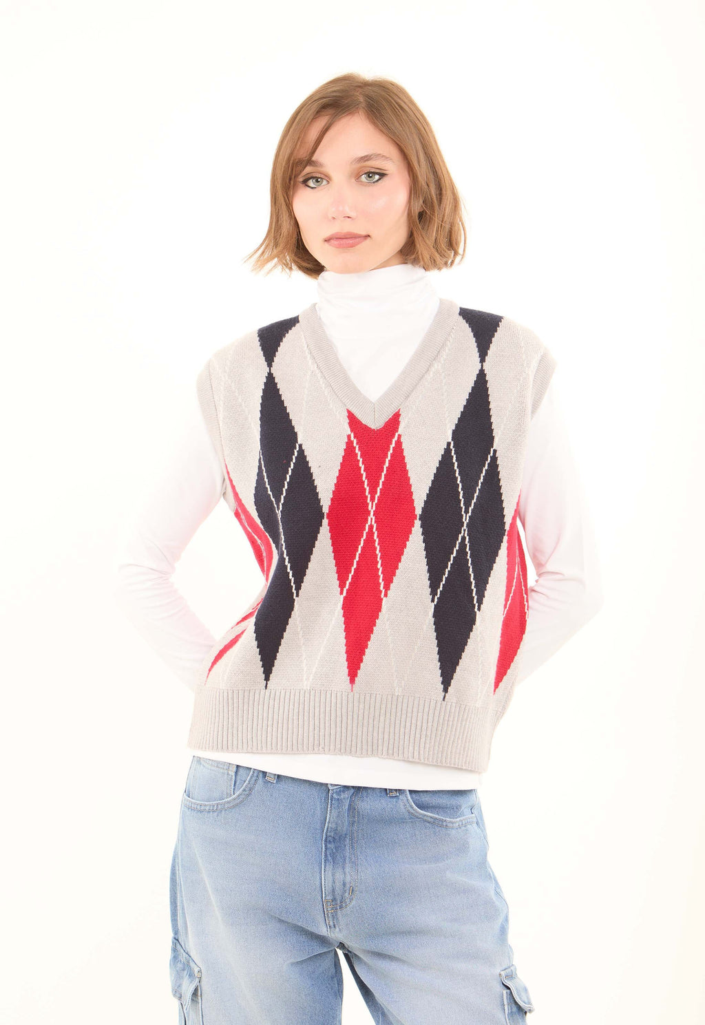 Slip On Argyle Winter Vest with Hem