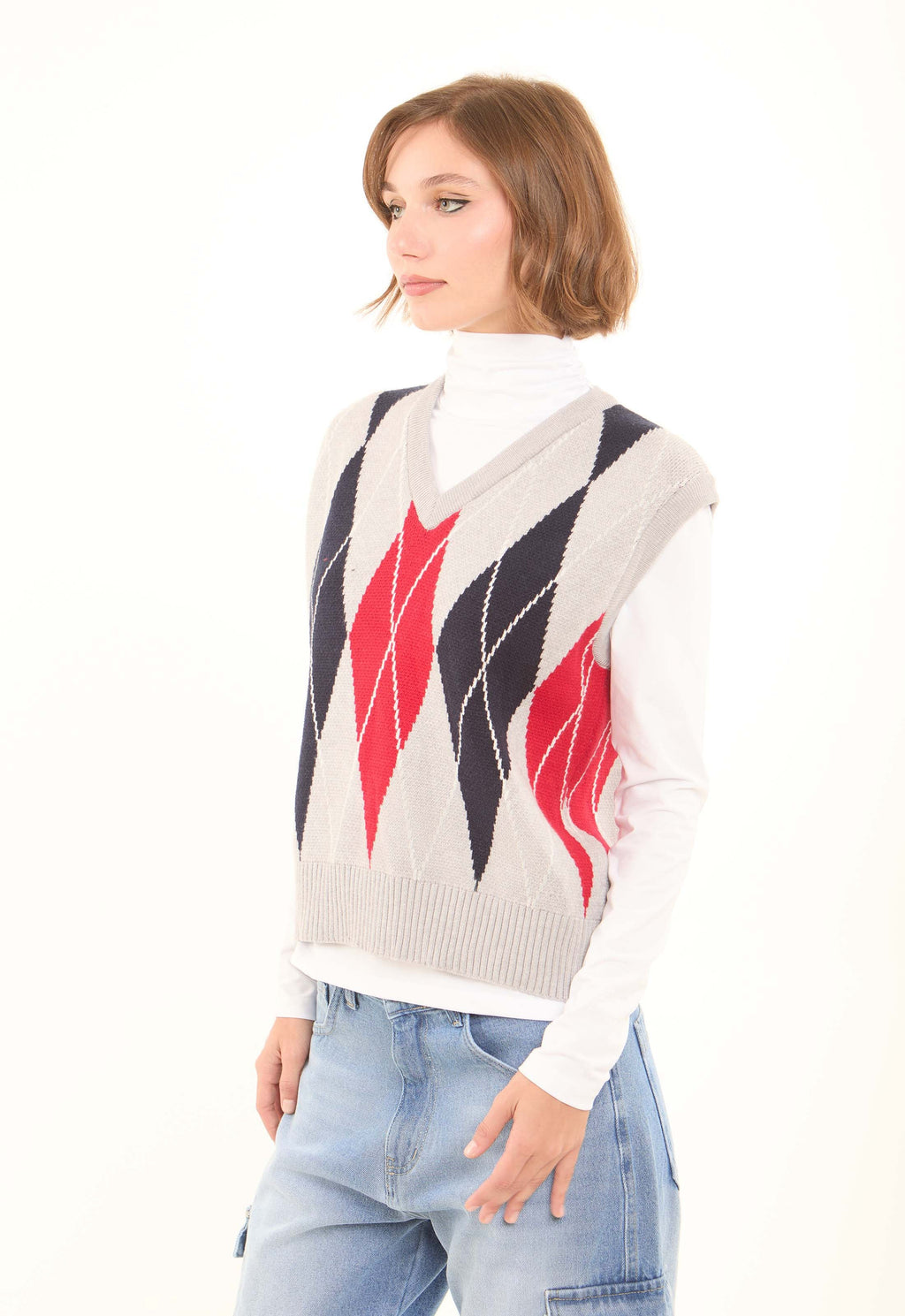 Slip On Argyle Winter Vest with Hem