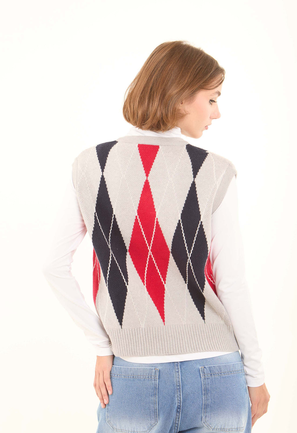 Slip On Argyle Winter Vest with Hem