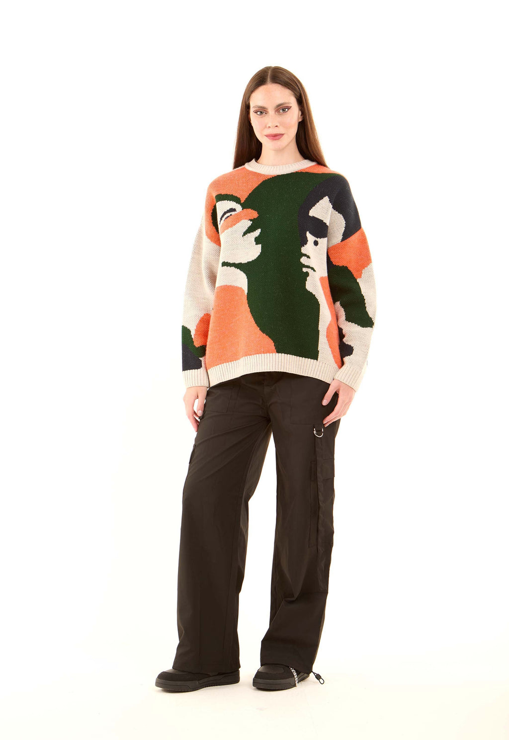 Crew Neck Long Sleeves Pullover with Face Design