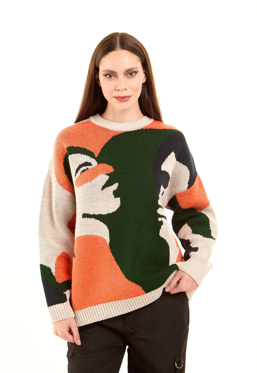 Crew Neck Long Sleeves Pullover with Face Design