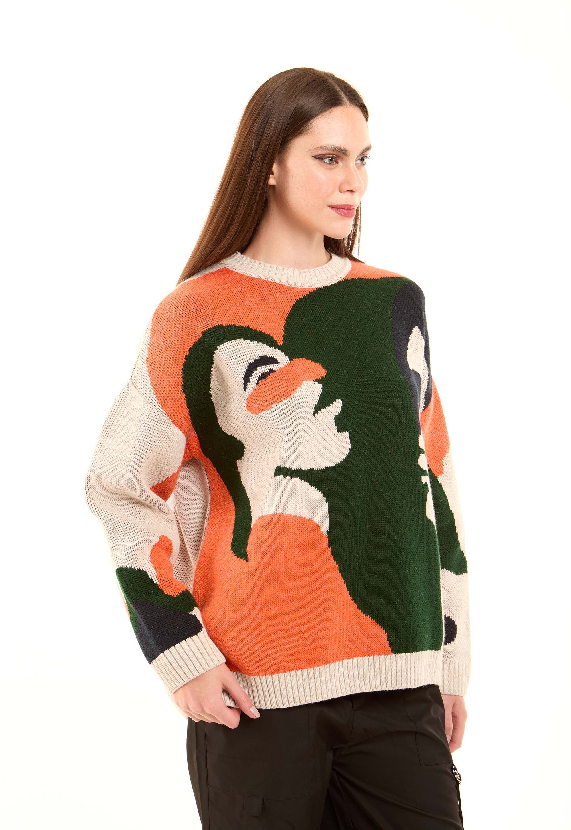 Crew Neck Long Sleeves Pullover with Face Design