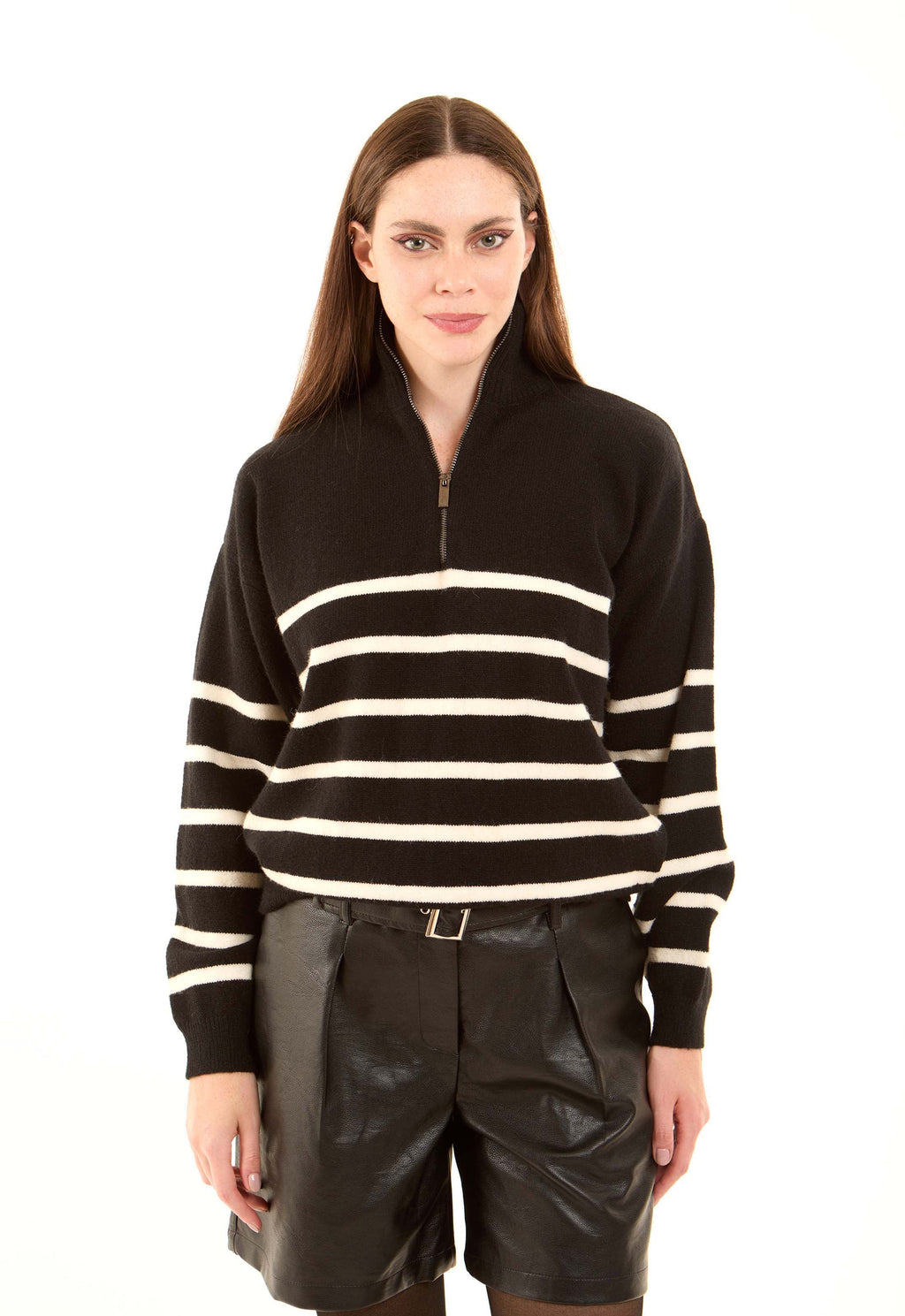 Zipped Neck Relaxed Striped Pullover