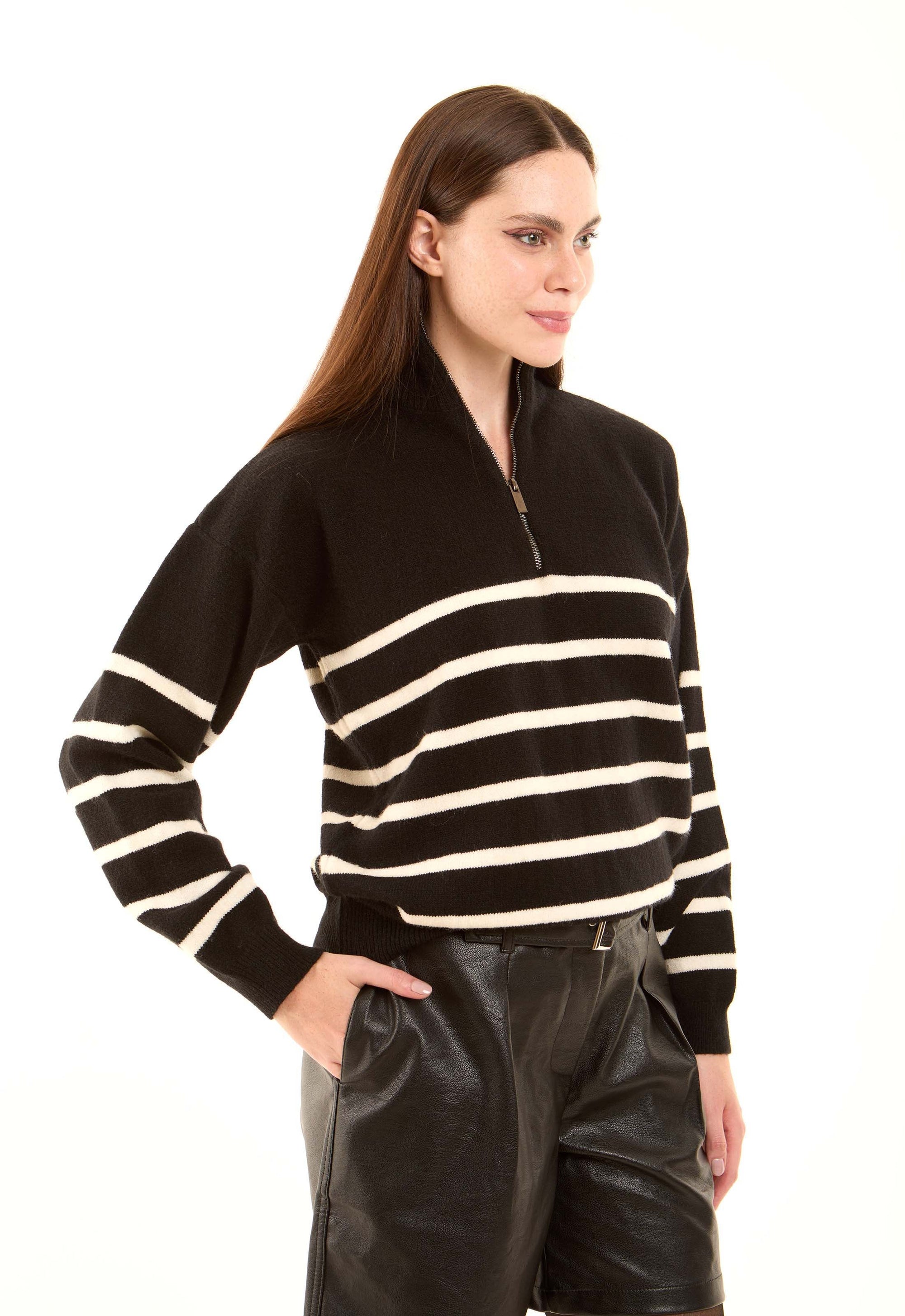 Zipped Neck Relaxed Striped Pullover
