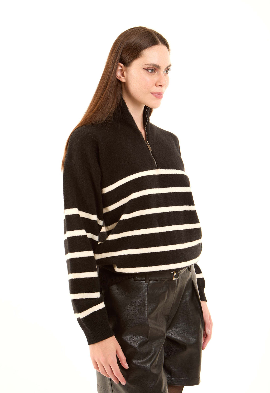Zipped Neck Relaxed Striped Pullover