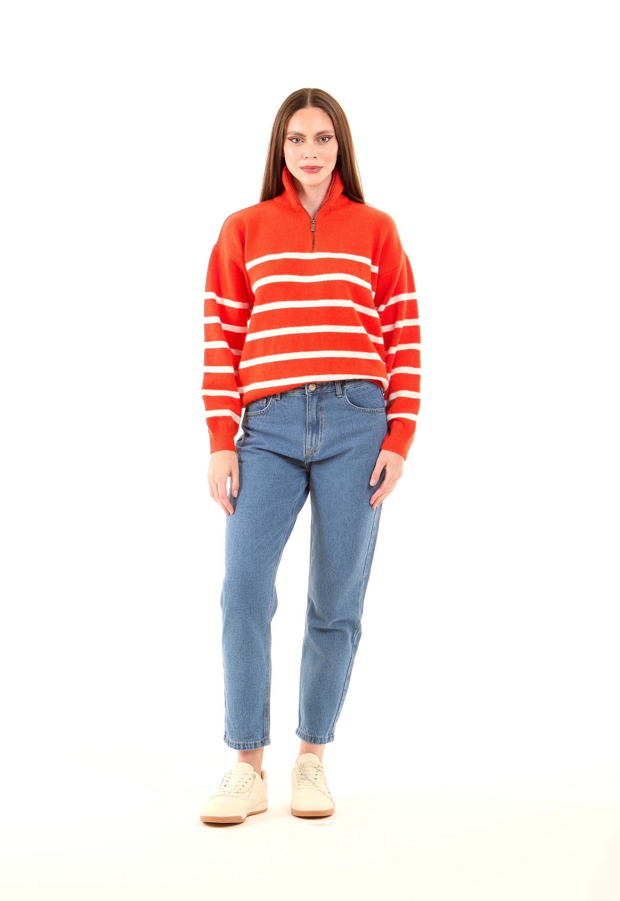 Zipped Neck Relaxed Striped Pullover