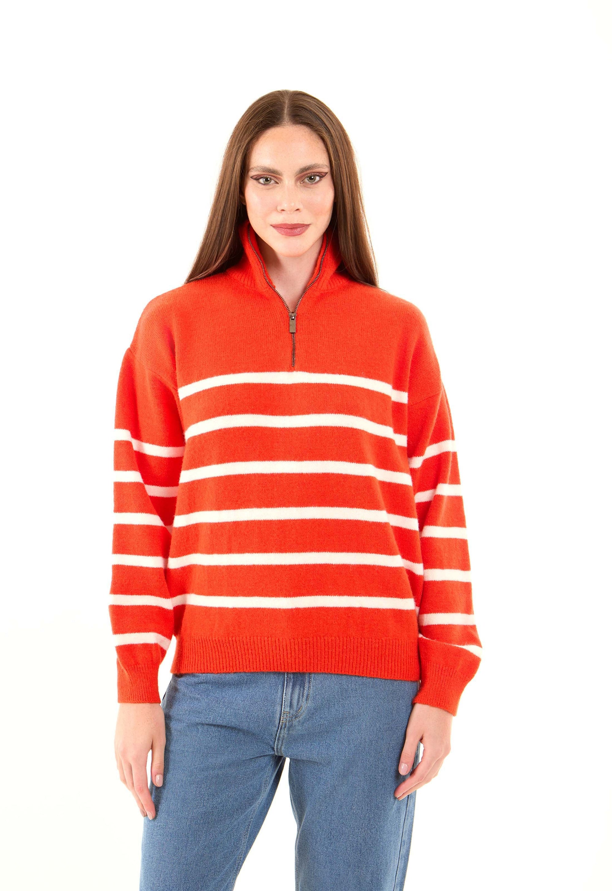 Zipped Neck Relaxed Striped Pullover