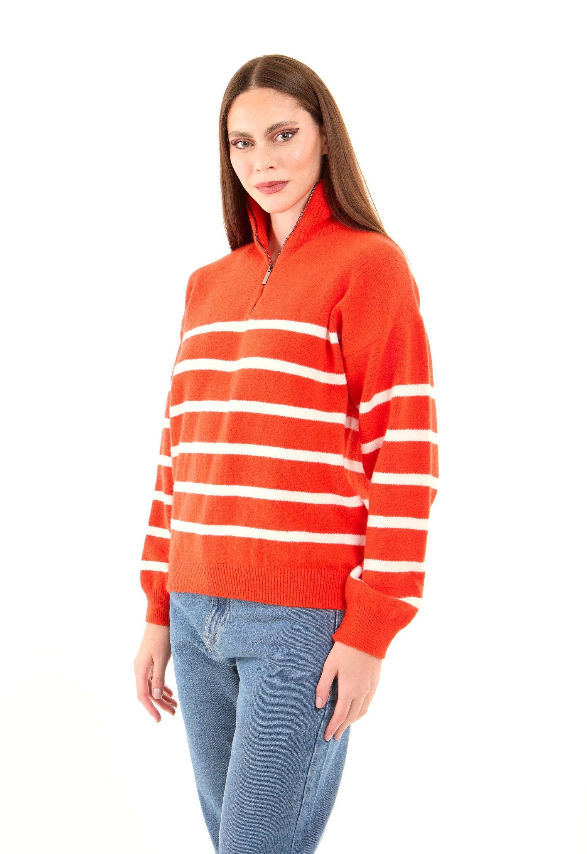 Zipped Neck Relaxed Striped Pullover