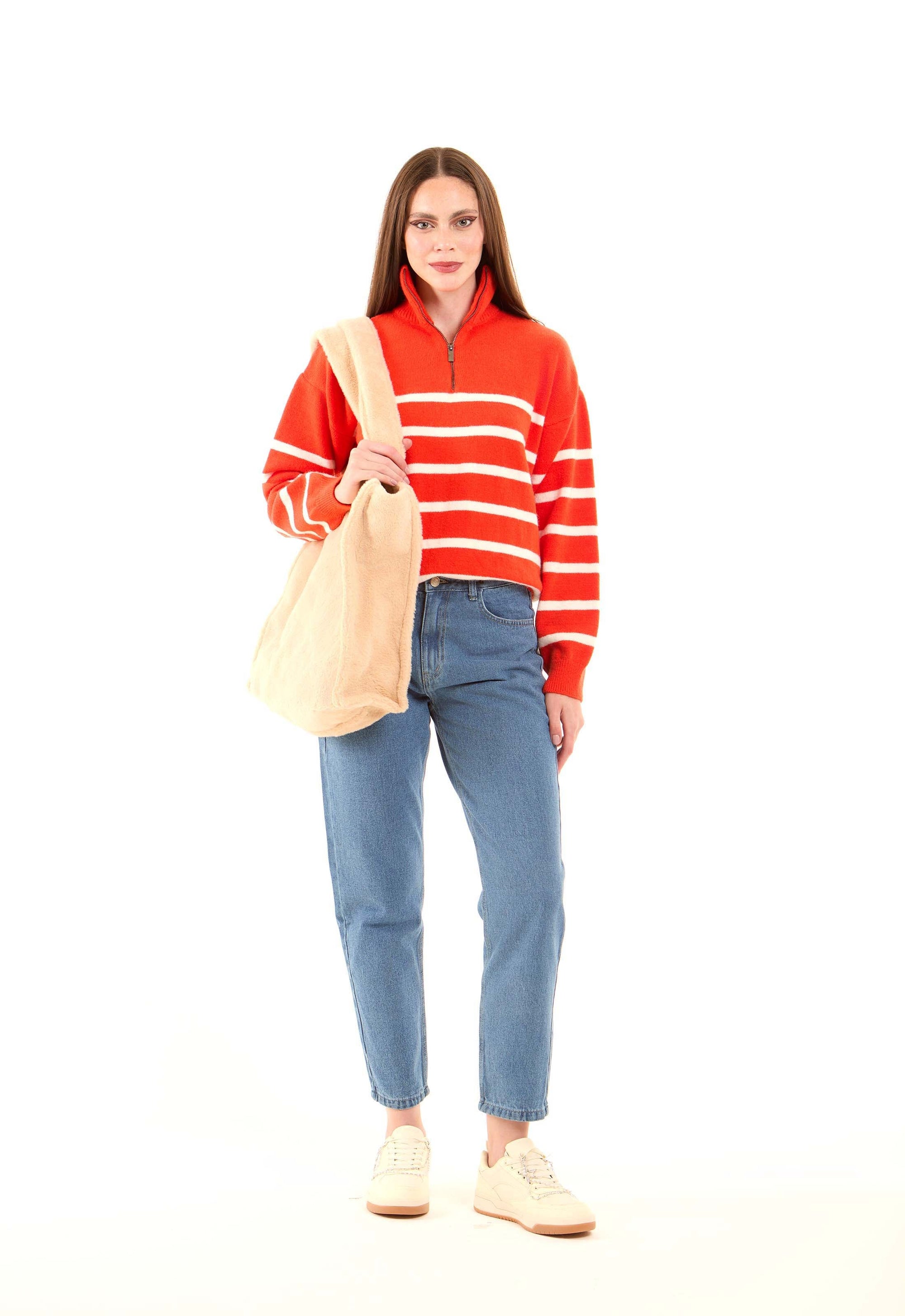Zipped Neck Relaxed Striped Pullover