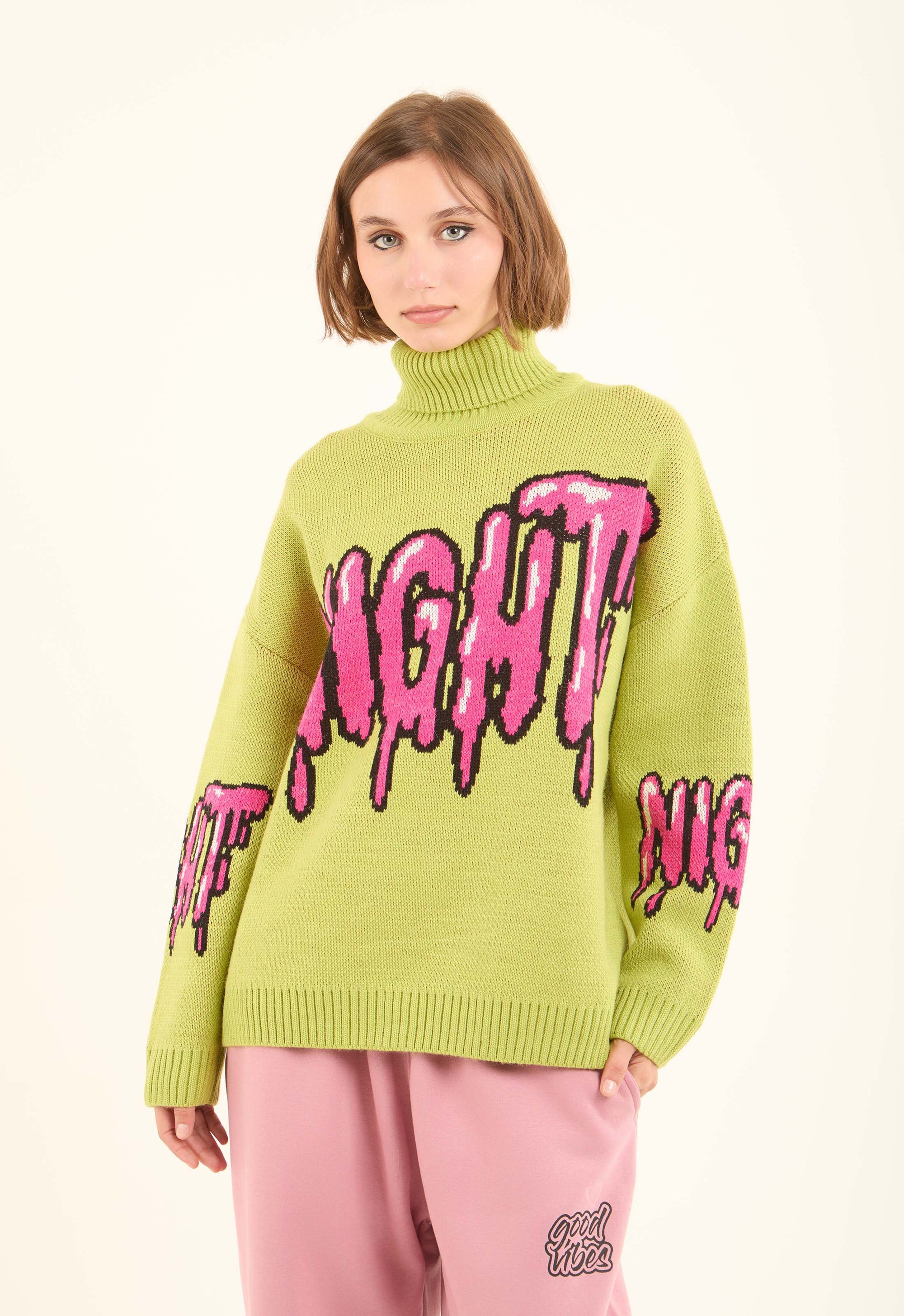 Pop-Art Design Pullover with Turtle Neck