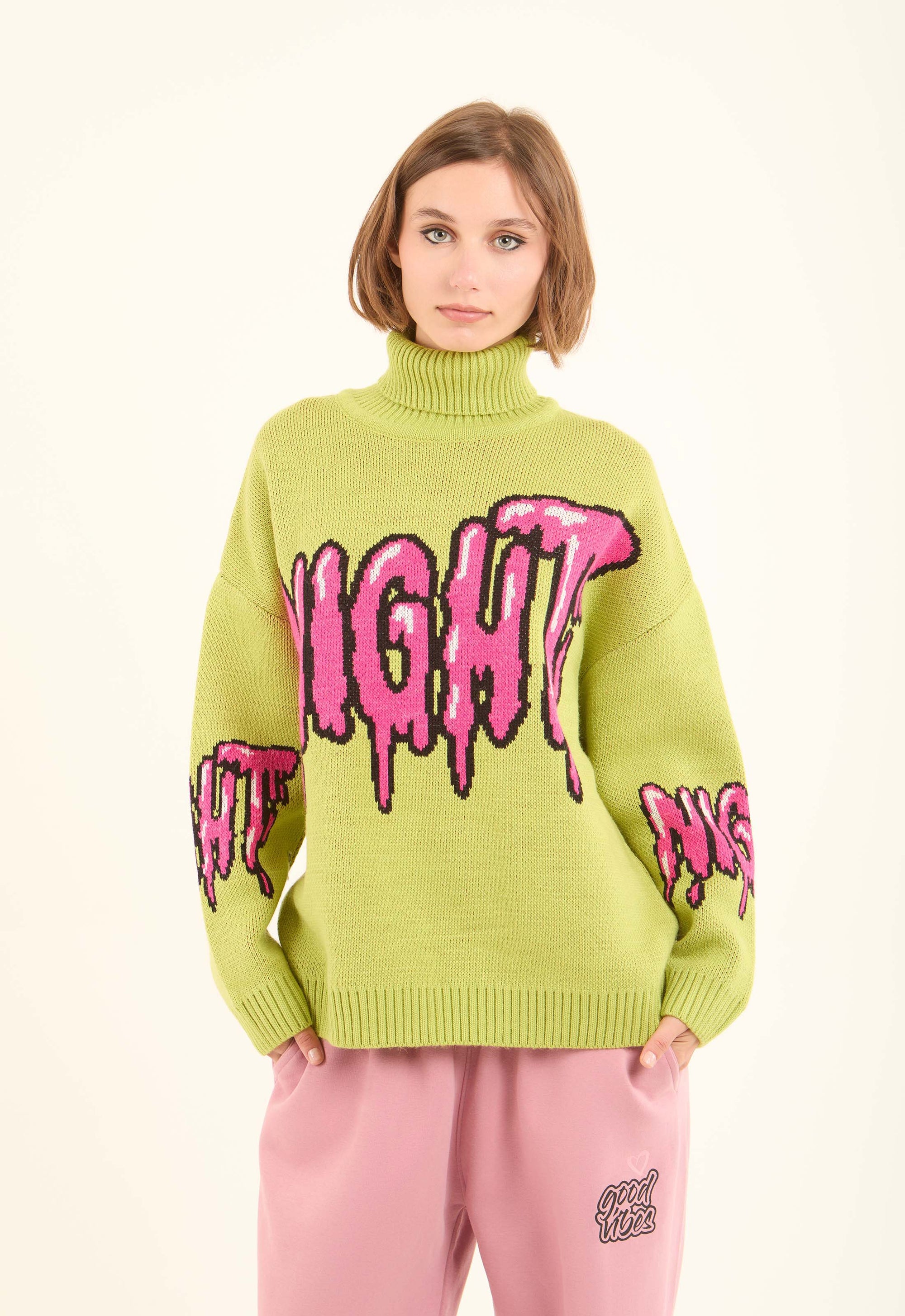 Pop-Art Design Pullover with Turtle Neck