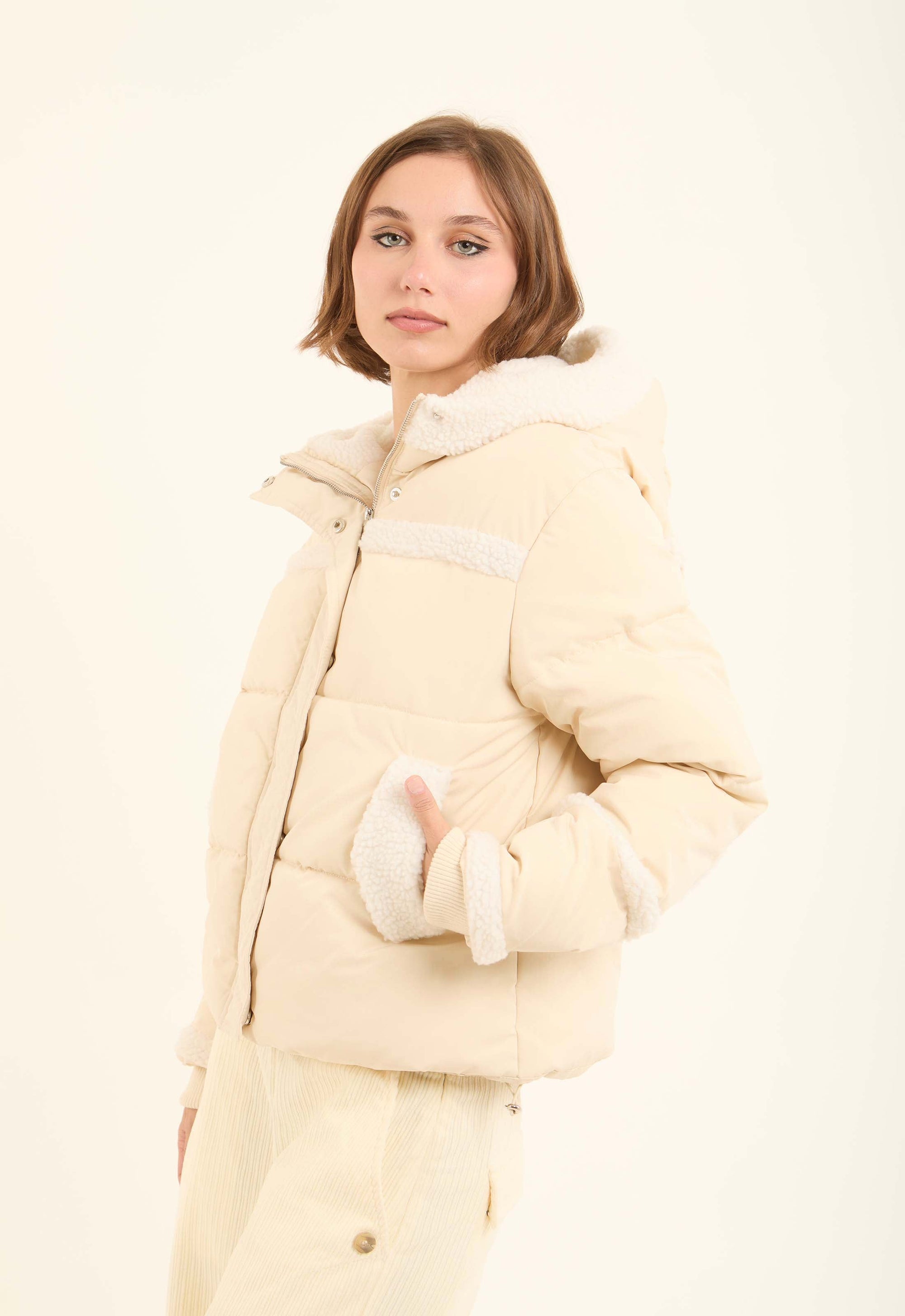 Sherpa-Trim Quilted Puffer Jacket