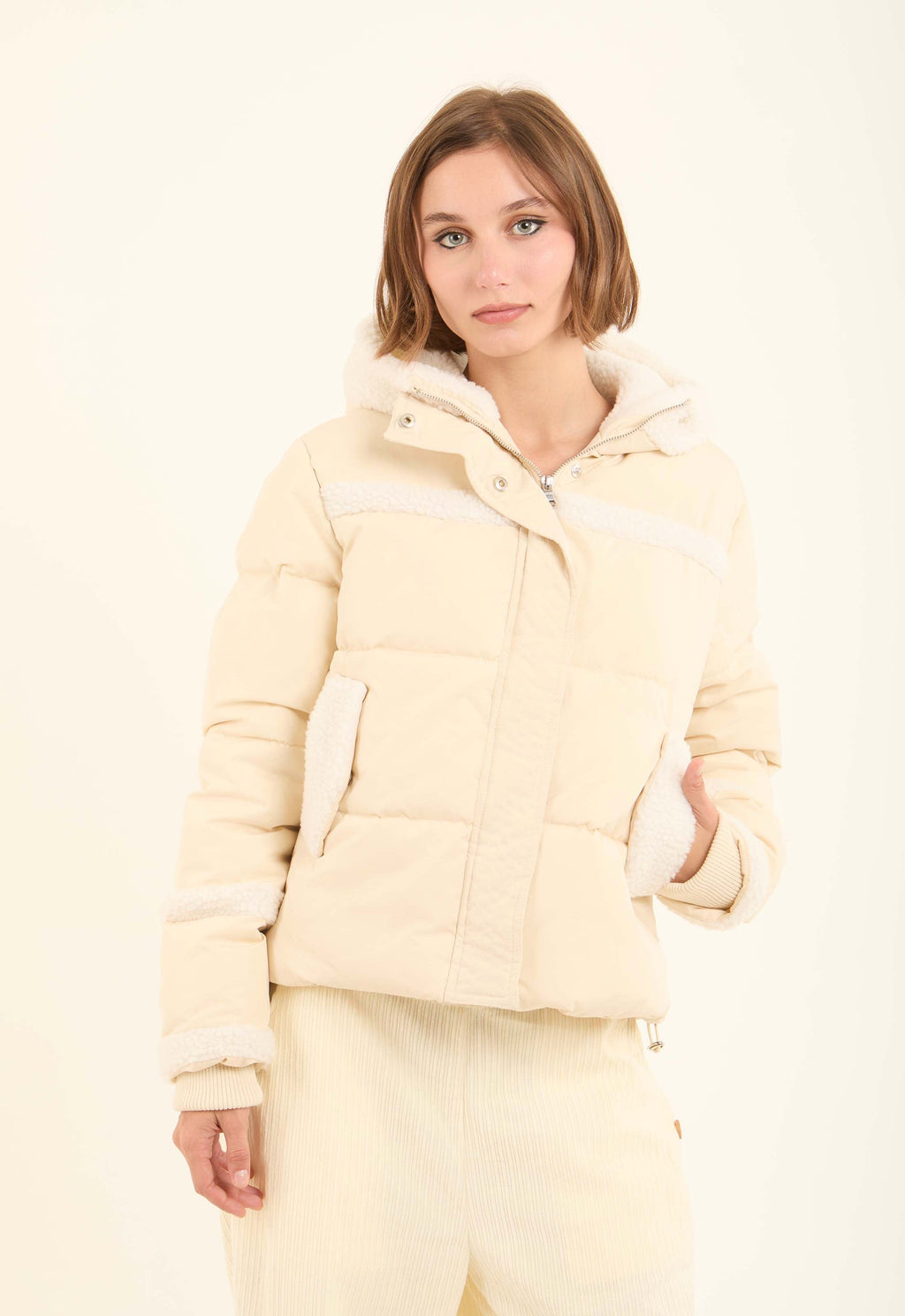 Sherpa-Trim Quilted Puffer Jacket