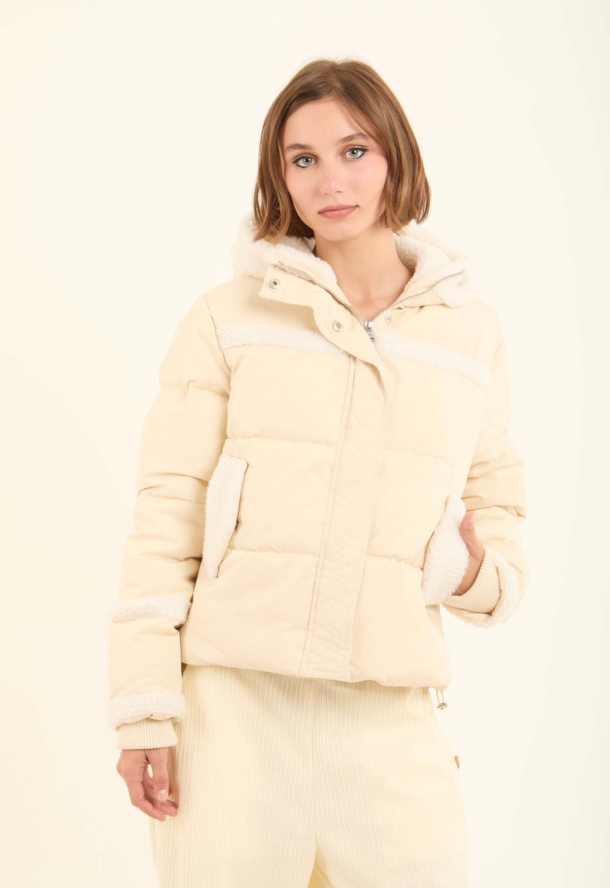 Sherpa-Trim Quilted Puffer Jacket
