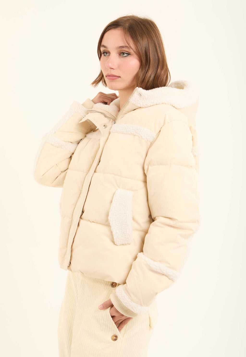 Sherpa-Trim Quilted Puffer Jacket