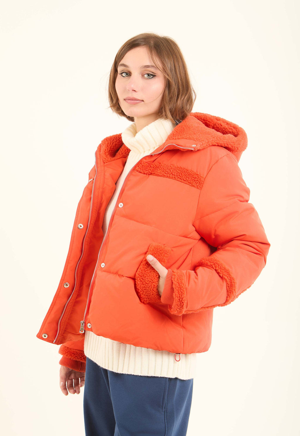 Sherpa-Trim Quilted Puffer Jacket