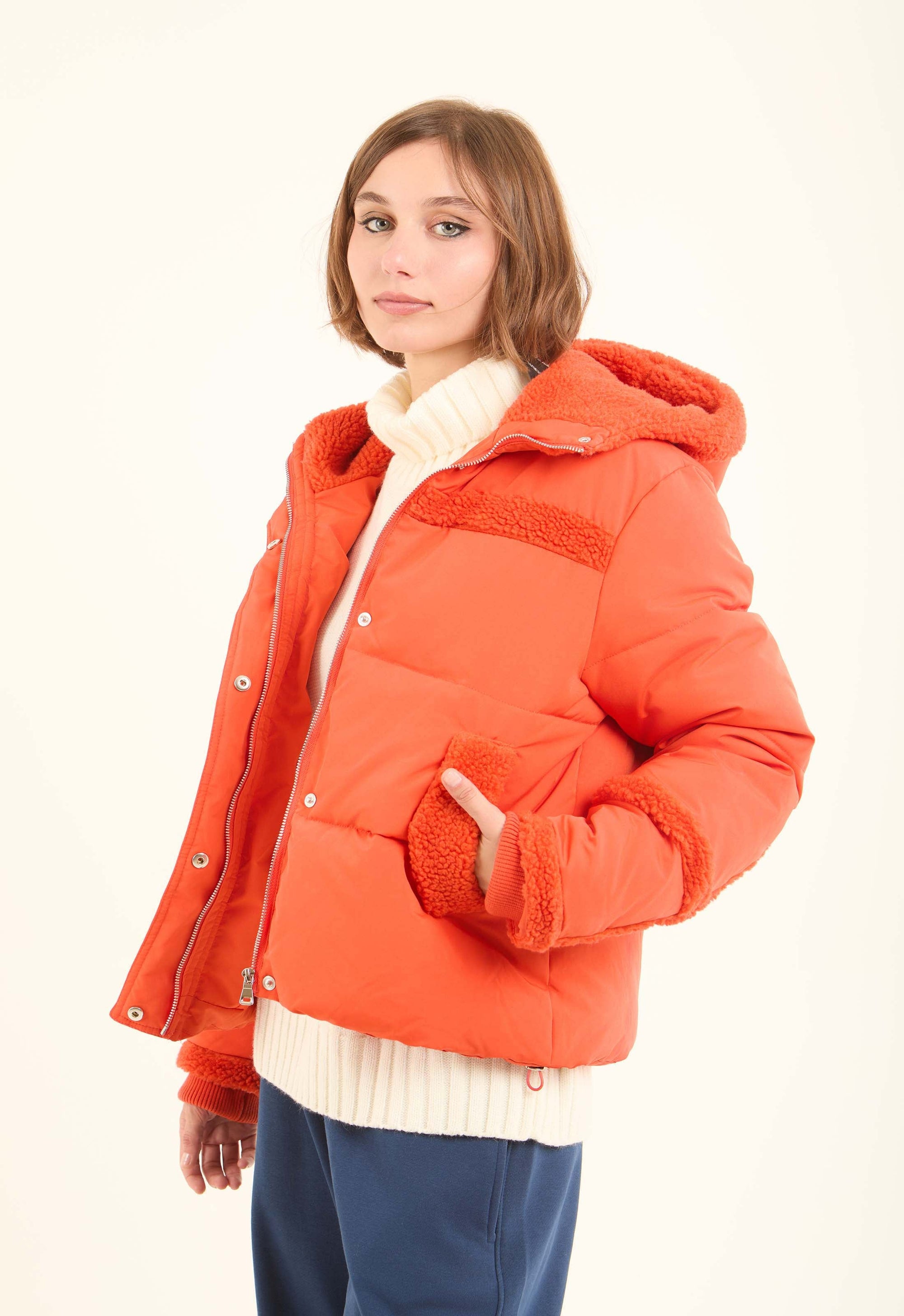 Sherpa-Trim Quilted Puffer Jacket