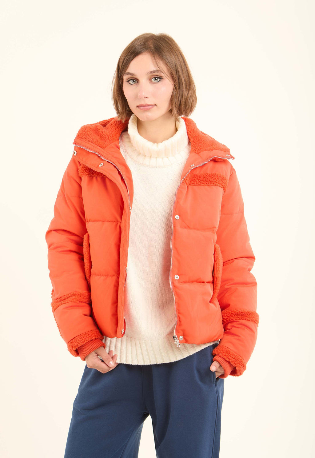 Sherpa-Trim Quilted Puffer Jacket