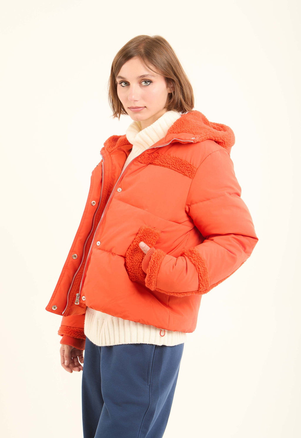 Sherpa-Trim Quilted Puffer Jacket