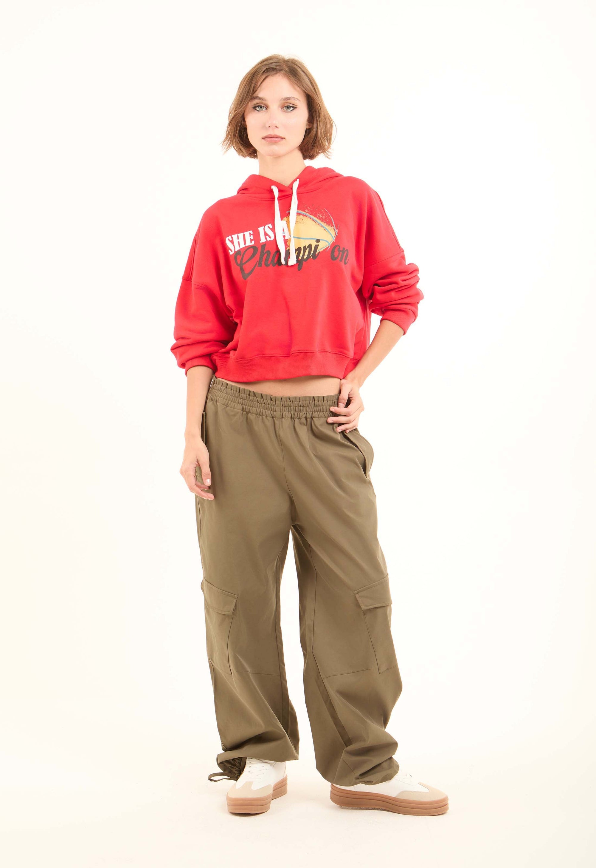 Wide-Leg Cargo Pants with Drawstring Hem