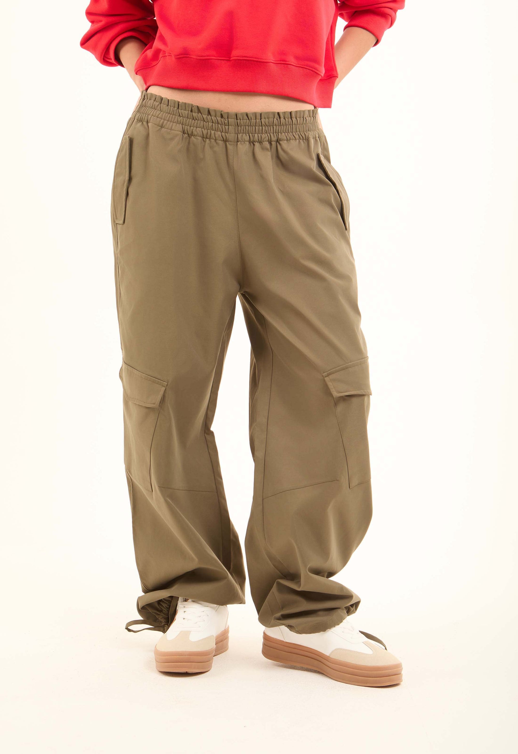 Wide-Leg Cargo Pants with Drawstring Hem