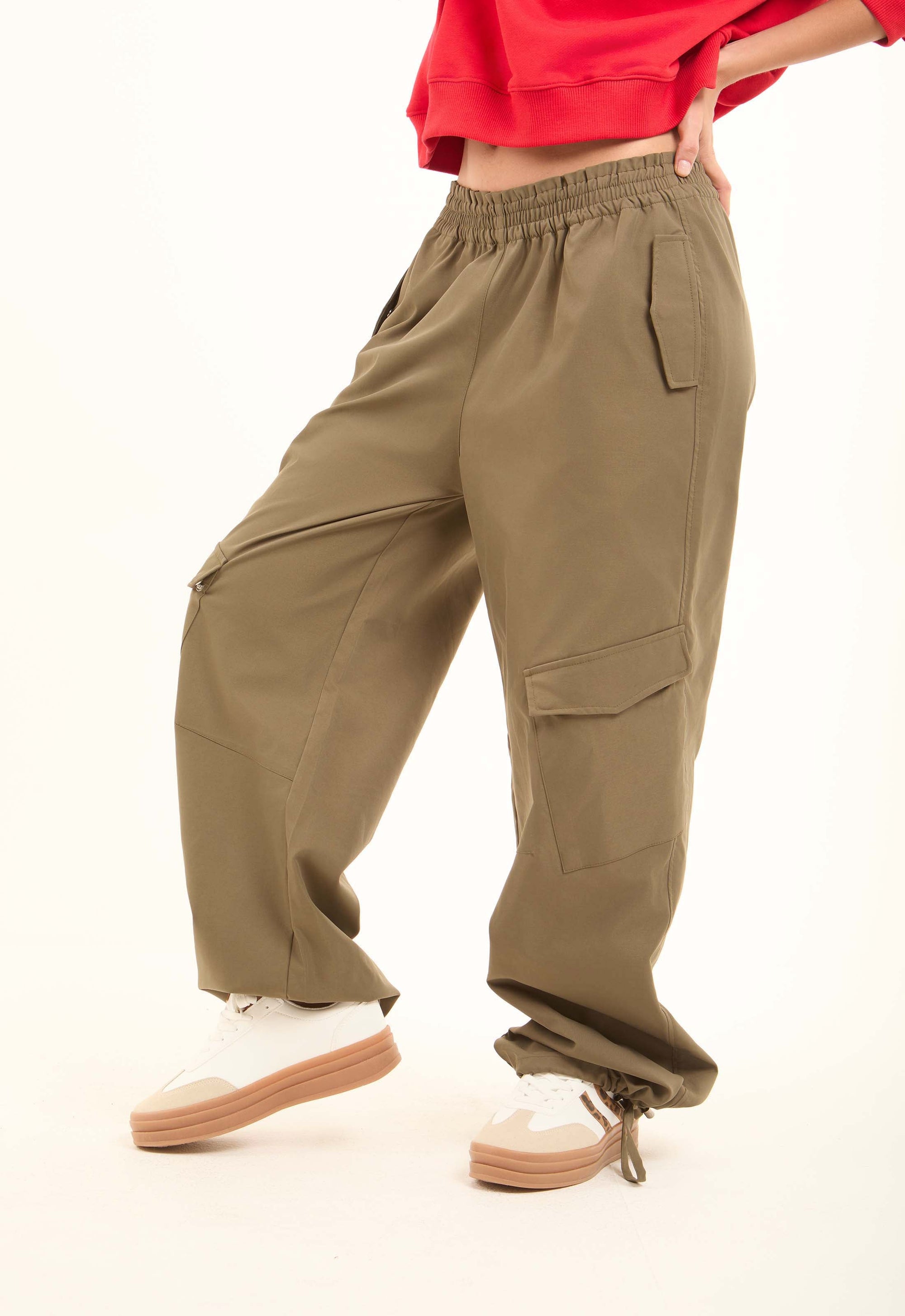 Wide-Leg Cargo Pants with Drawstring Hem
