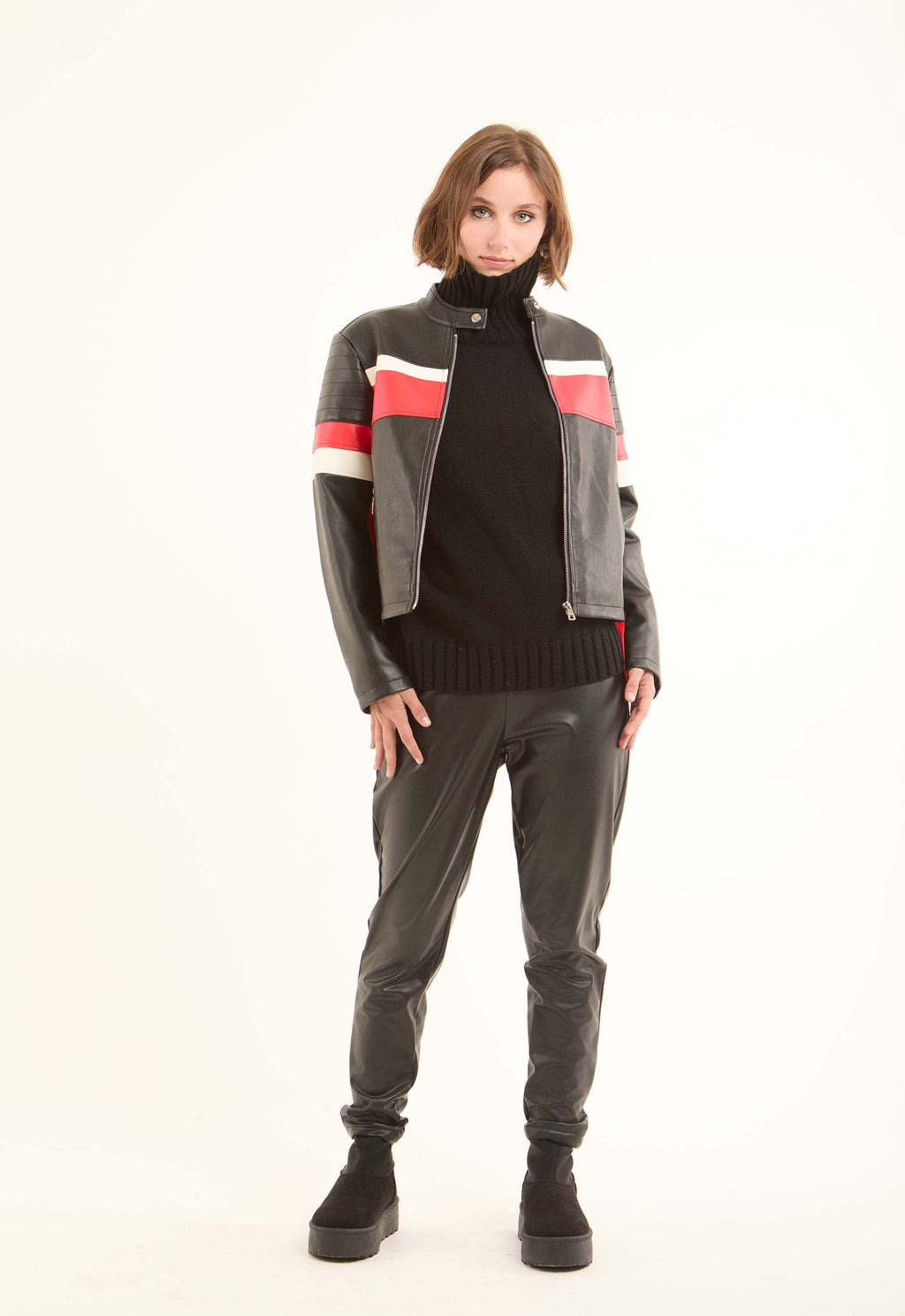 Striped Biker Jacket with Stand Collar