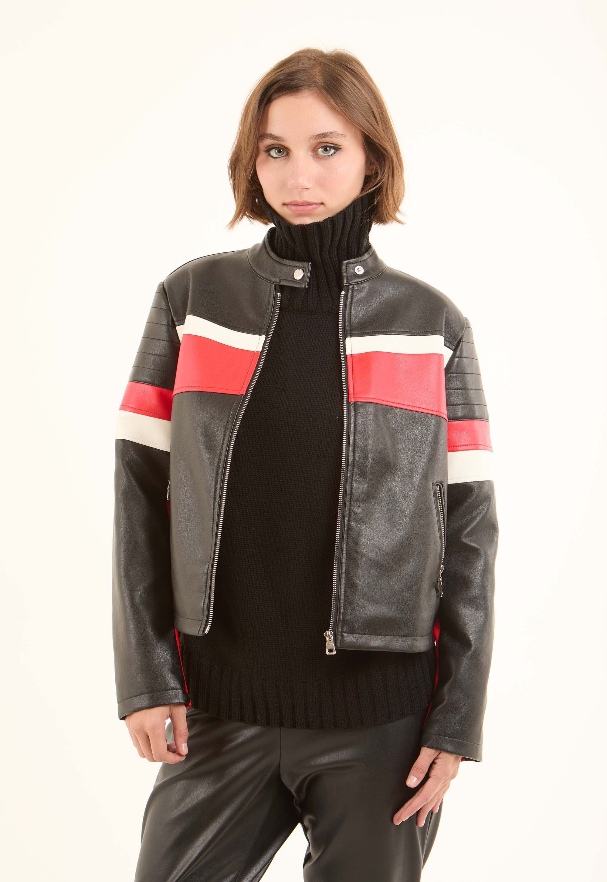 Striped Biker Jacket with Stand Collar