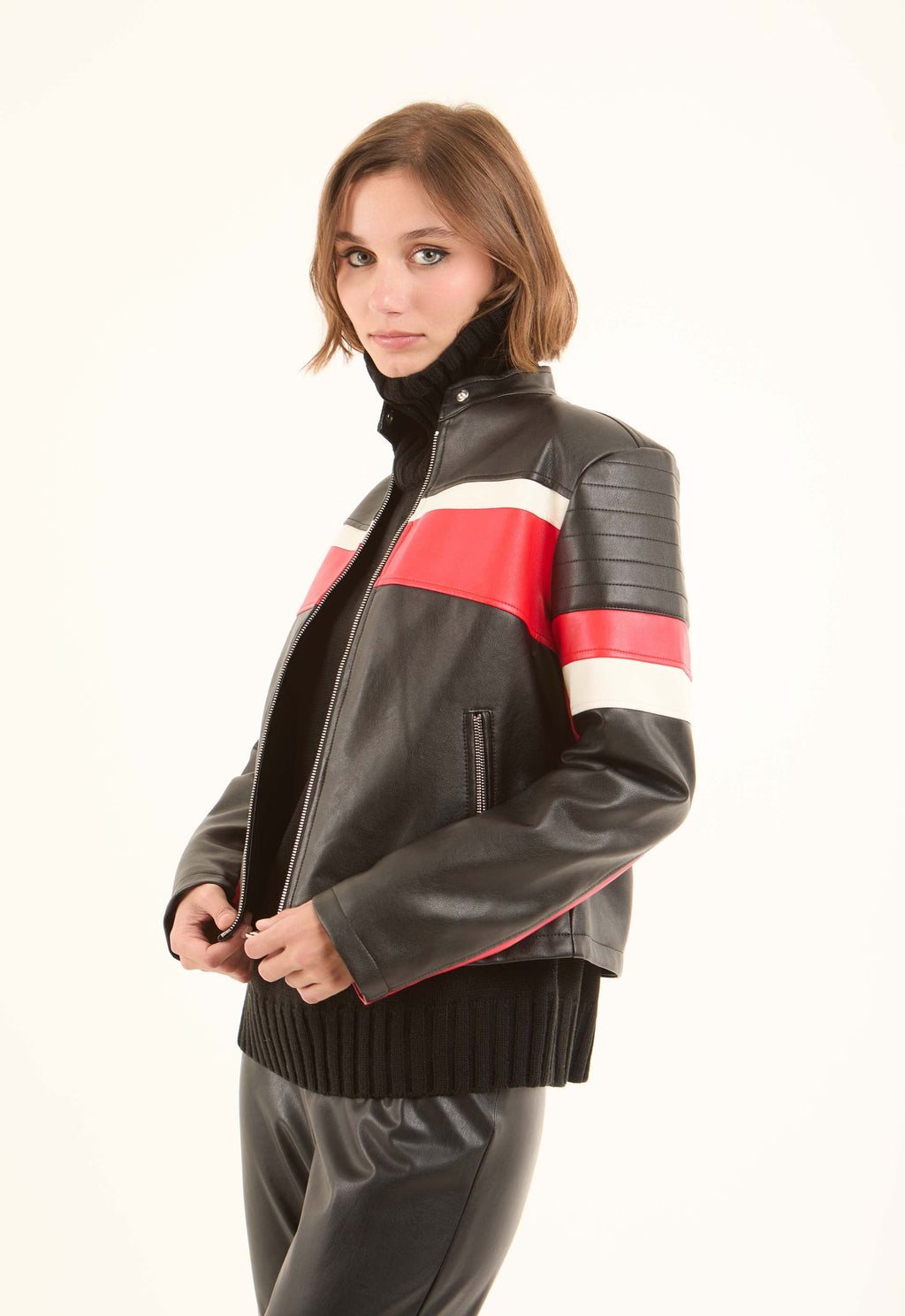 Striped Biker Jacket with Stand Collar