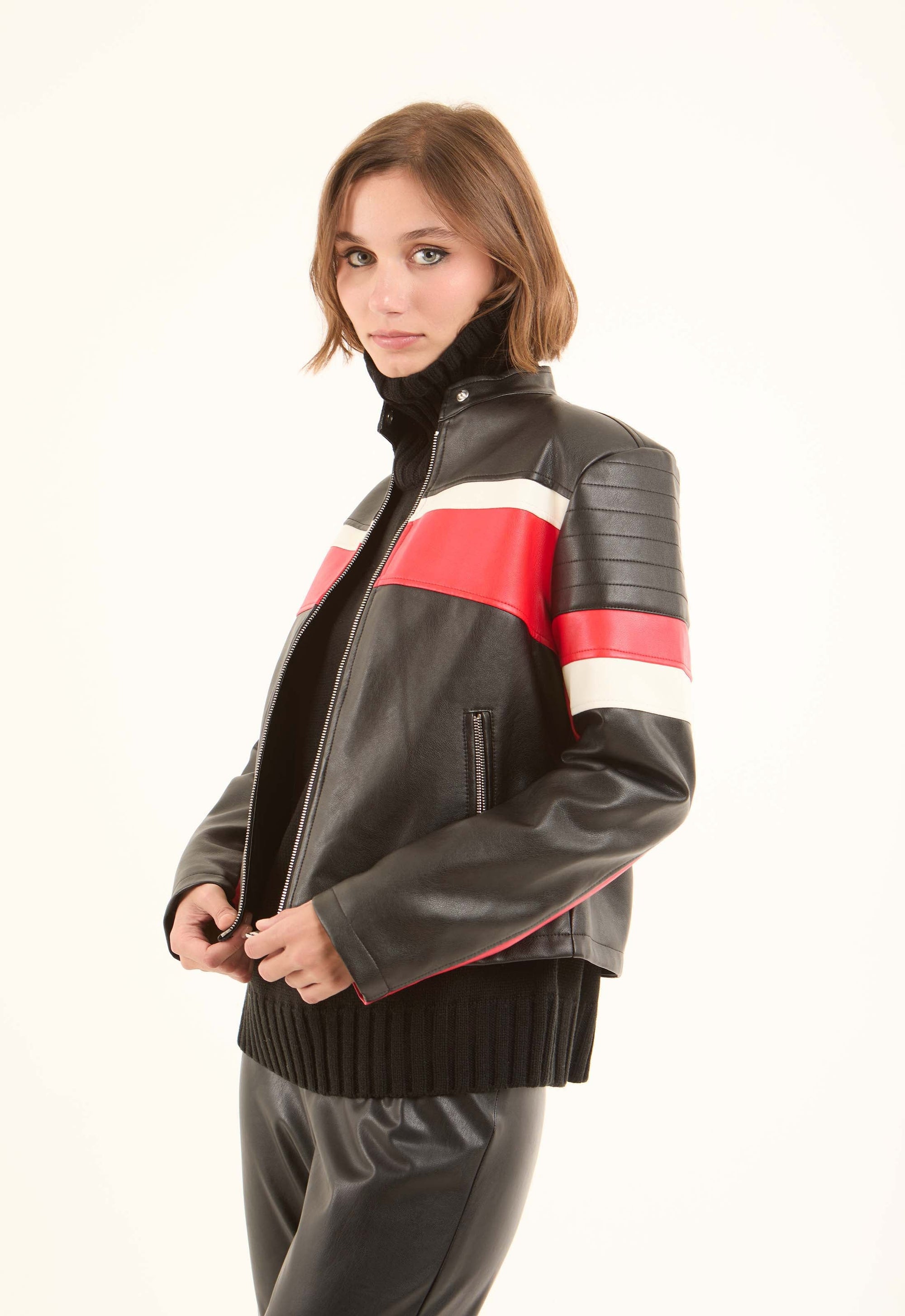 Striped Biker Jacket with Stand Collar