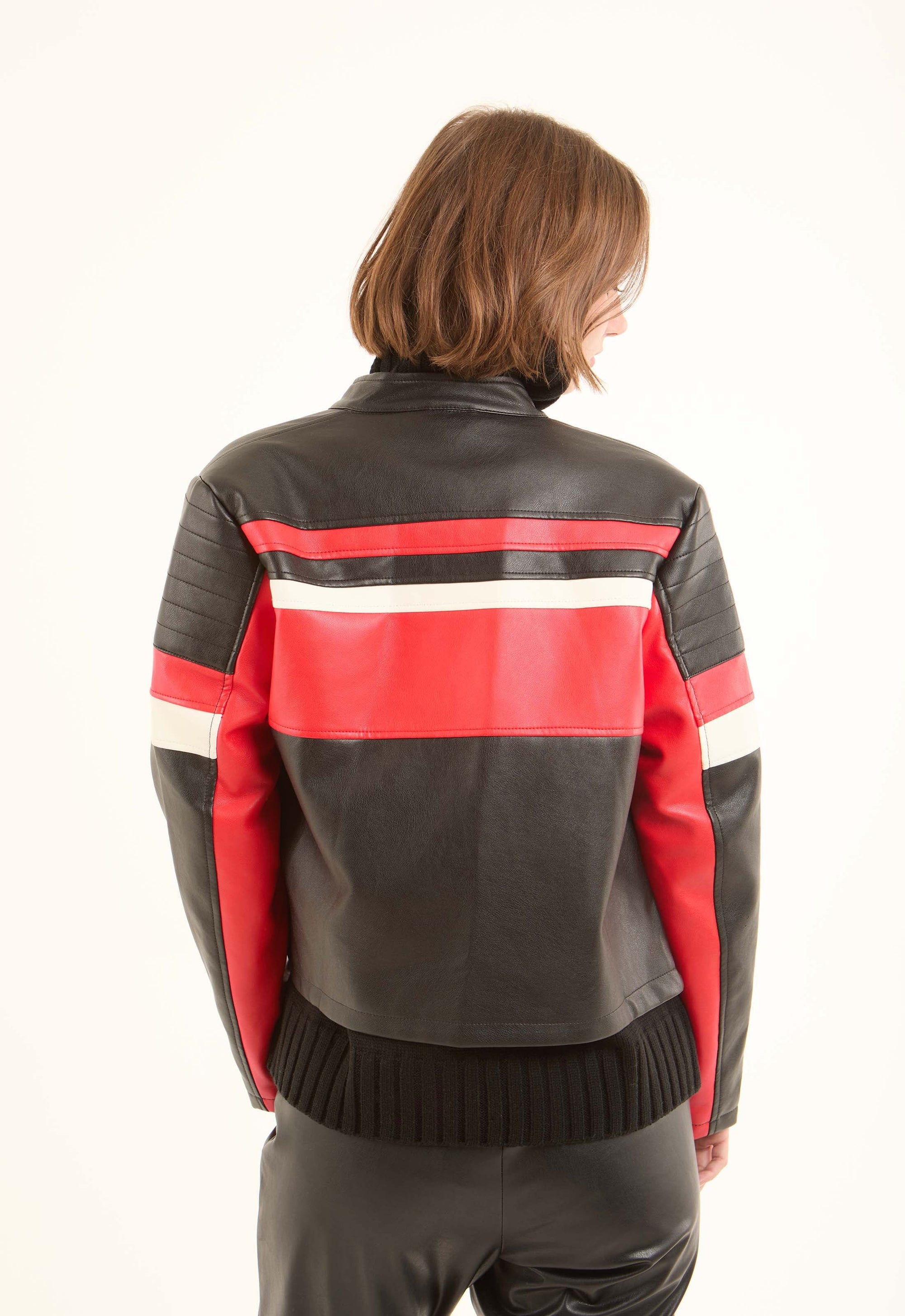 Striped Biker Jacket with Stand Collar